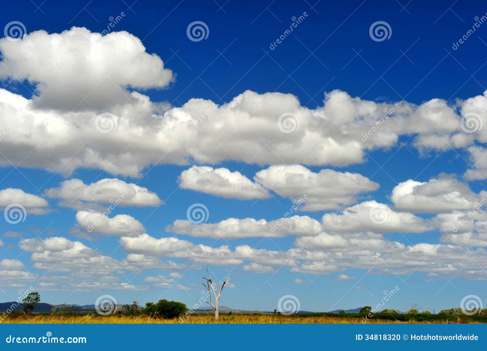 puffy white clouds & blue sky over remote australian outback, no