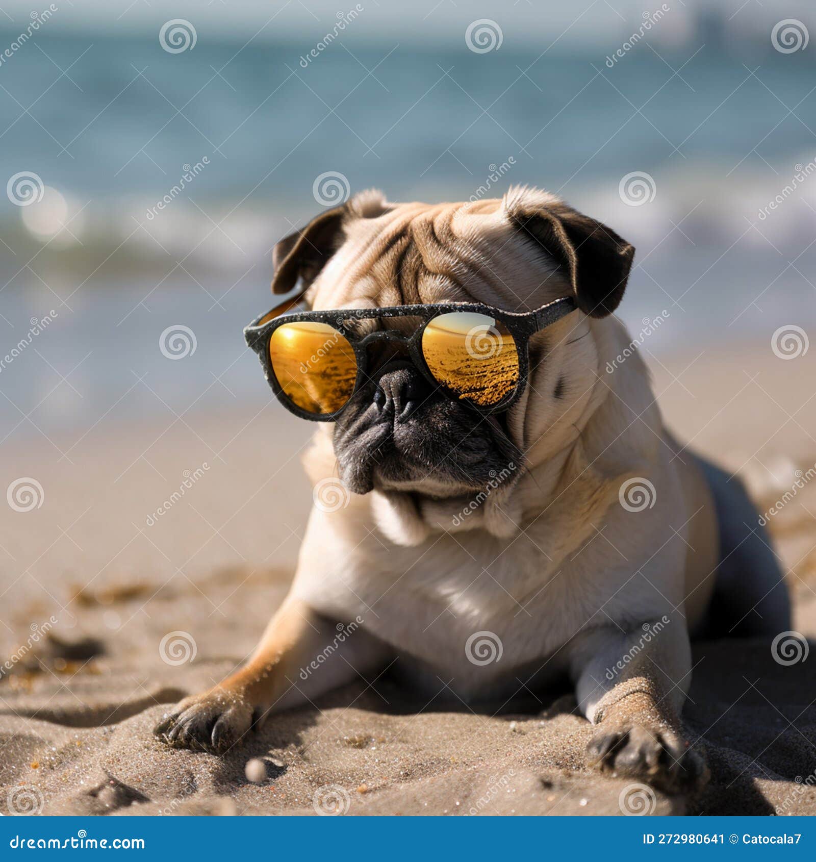 Pug Breed Dog in Big Sunglasses on the Beach Near the Sea, for