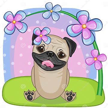 Pug Dog with flowers stock vector. Illustration of painting - 47911491