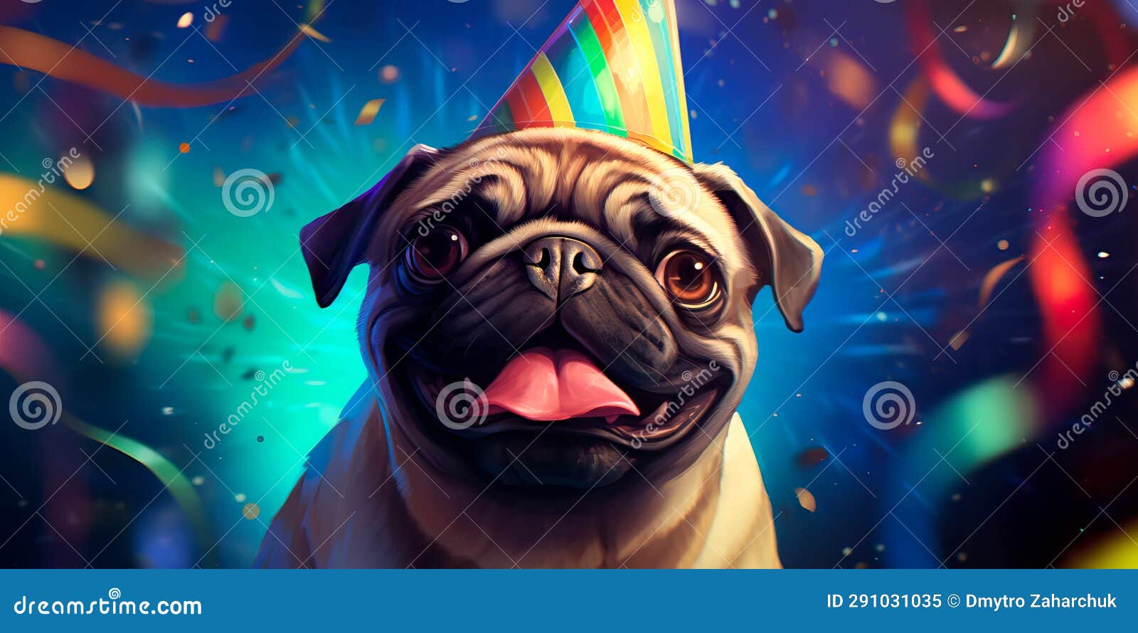 Pug Donning a Celebratory Party Hat and Enthusiastically Blowing a Tiny