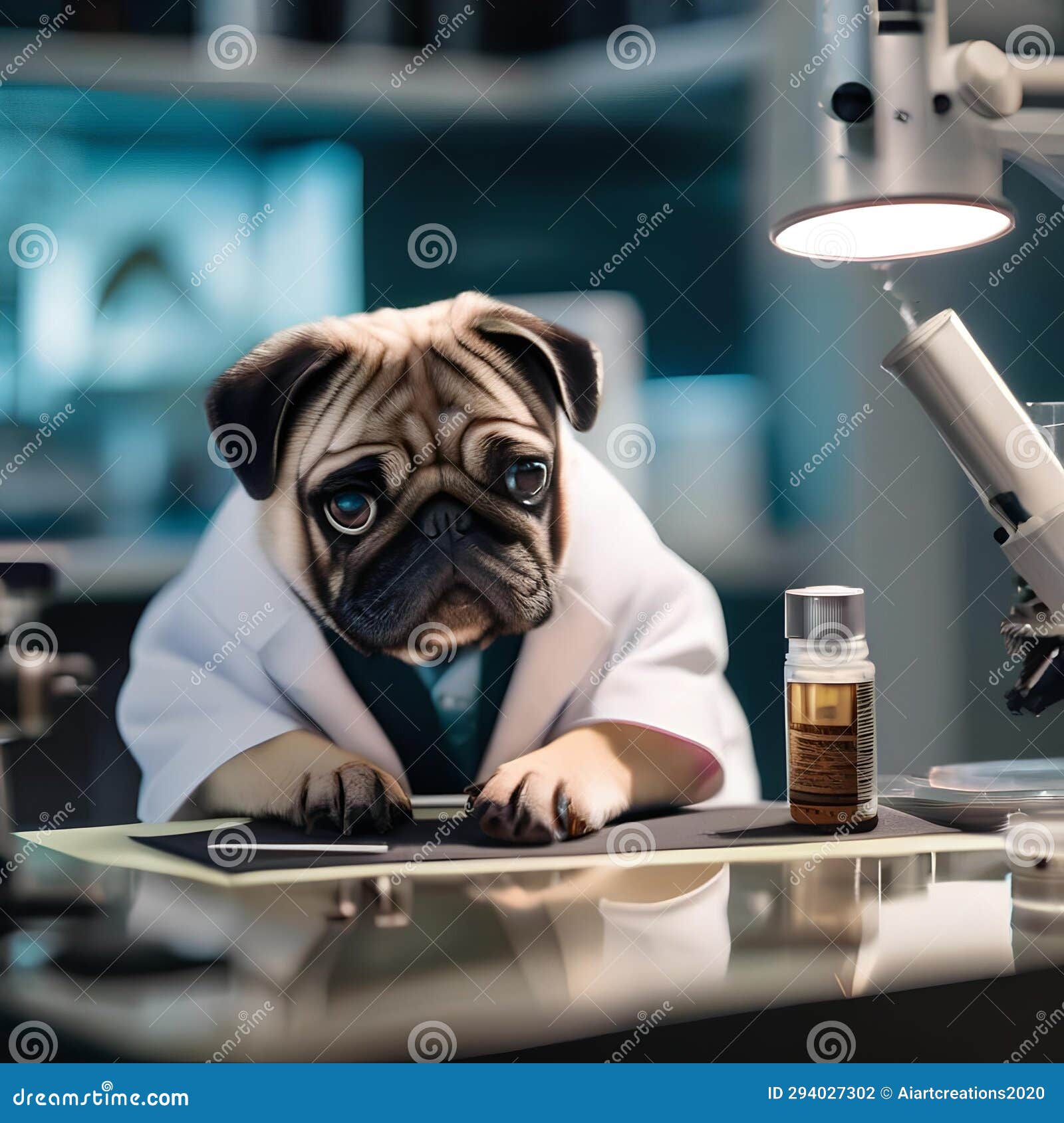 A Pug in a Lab Coat, Examining Specimens Under a Tiny Microscope4 Stock