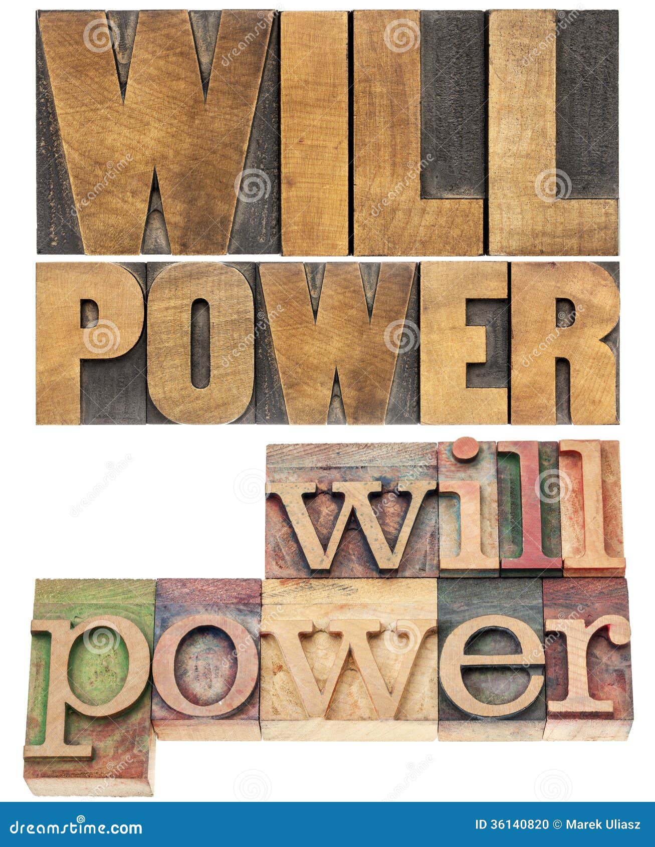 Puissance de volonté dans le type en bois. Mots de puissance de volonté - texte d'isolement dans le type en bois d'impression typographique, deux dispositions