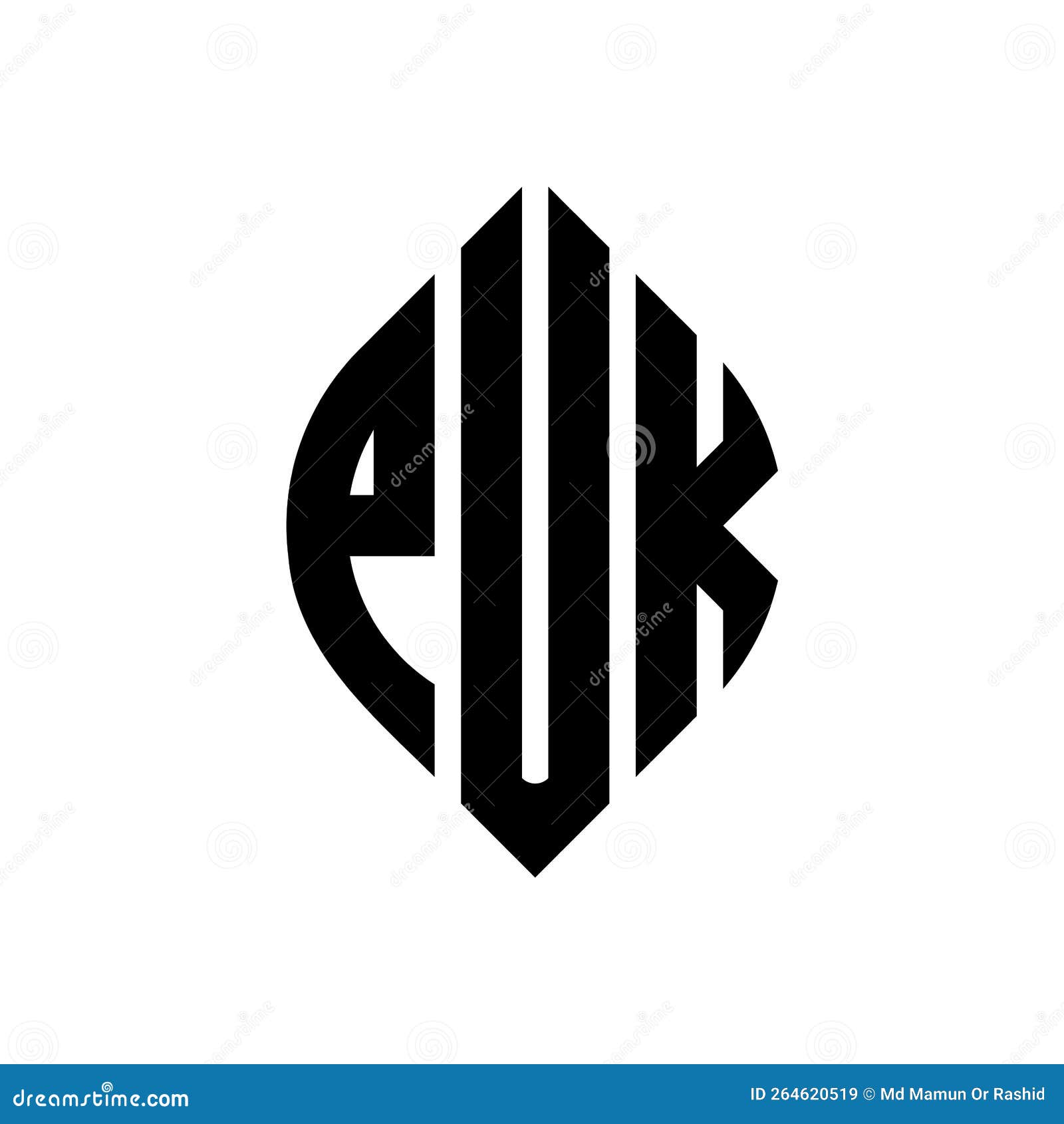 puk circle letter logo  with circle and ellipse . puk ellipse letters with typographic style. the three initials form a