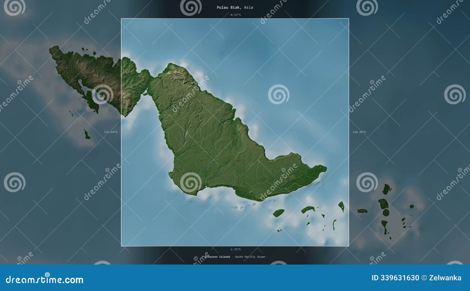 pulau biak, indonesia, highlighted and labelled. physical