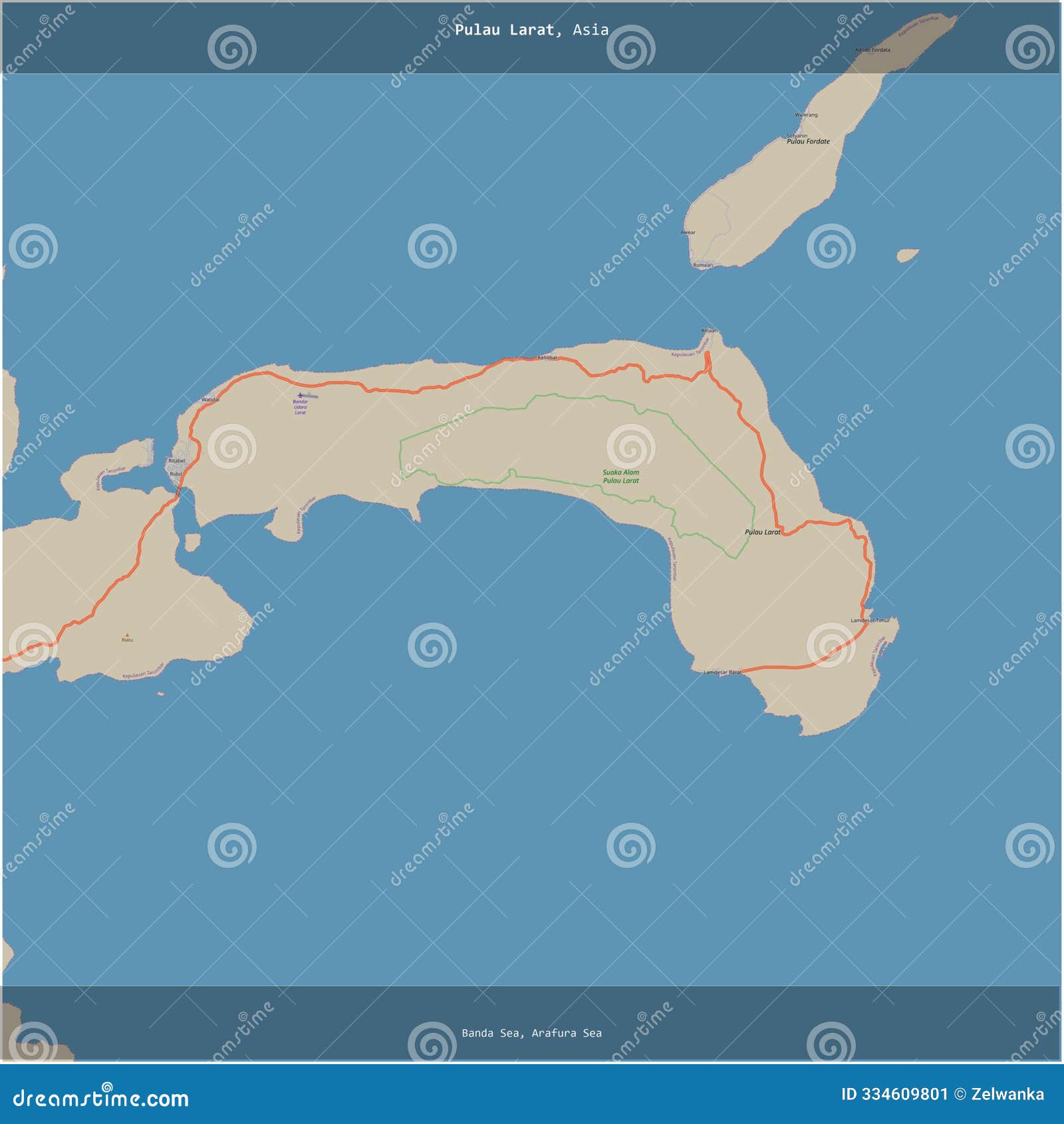 pulau larat, indonesia, cropped to square. topo standard
