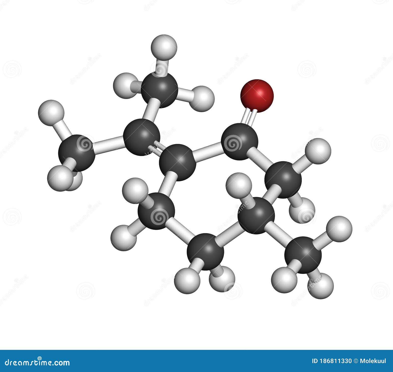 pulegone molecule. 3d rendering. atoms are represented as spheres with conventional color coding: hydrogen (white), carbon (grey