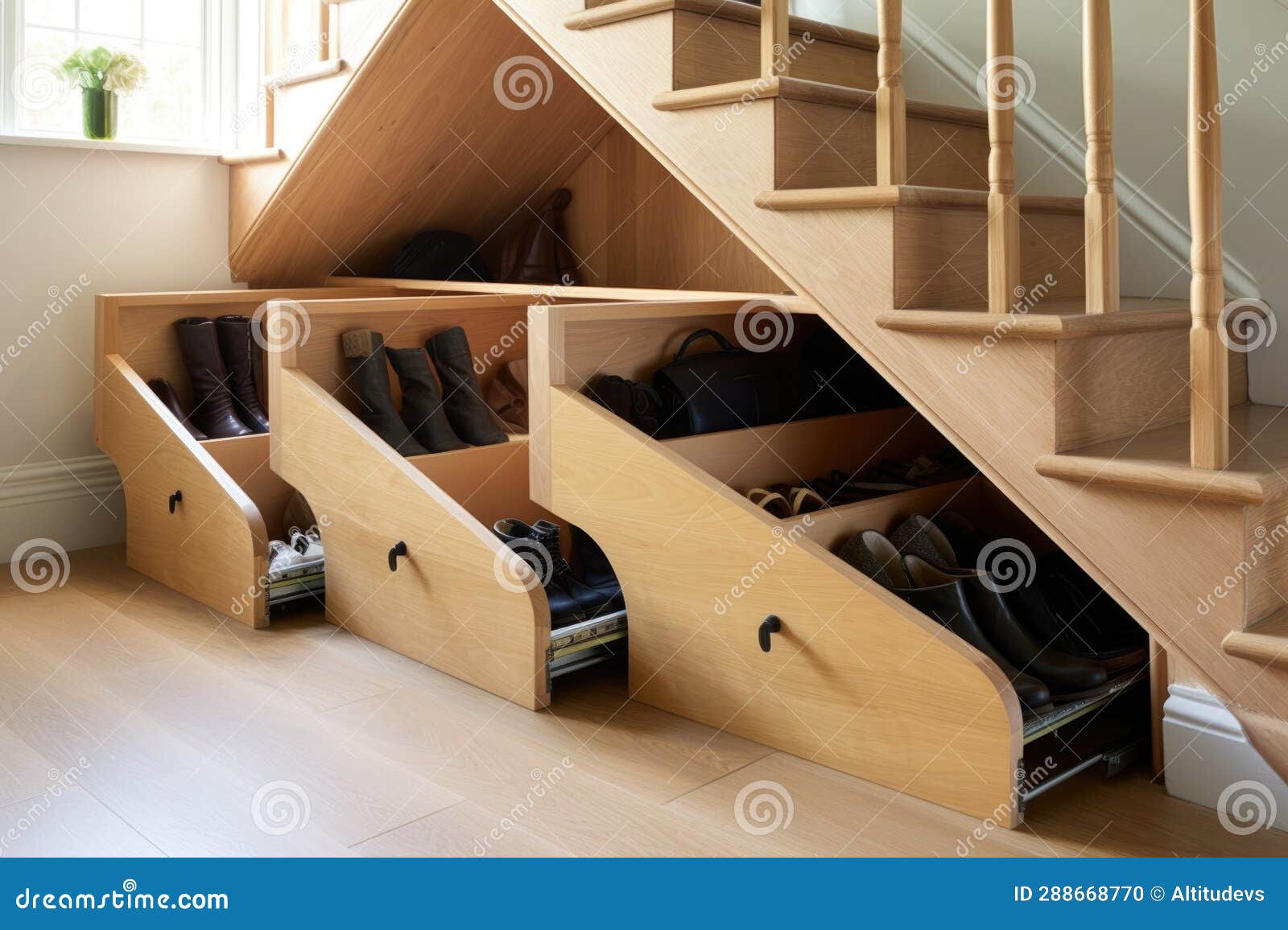 Pullout Shoe Storage Solution Under Stairs Stock Photo Image of