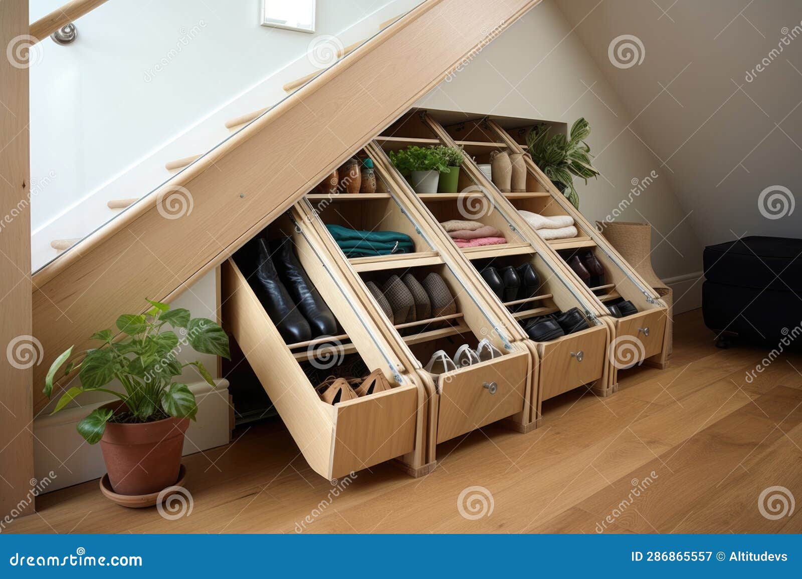 Pullout Shoe Storage Solution Under Stairs Stock Image Image of shoe