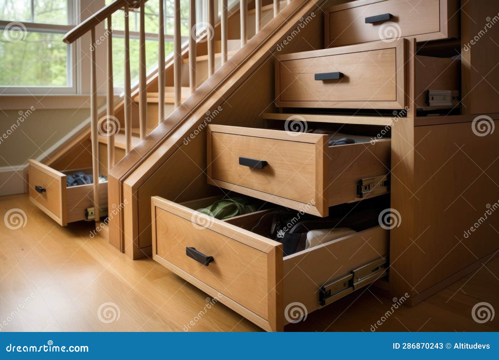 Pullout Shoe Storage Solution Under Stairs Stock Image Image of