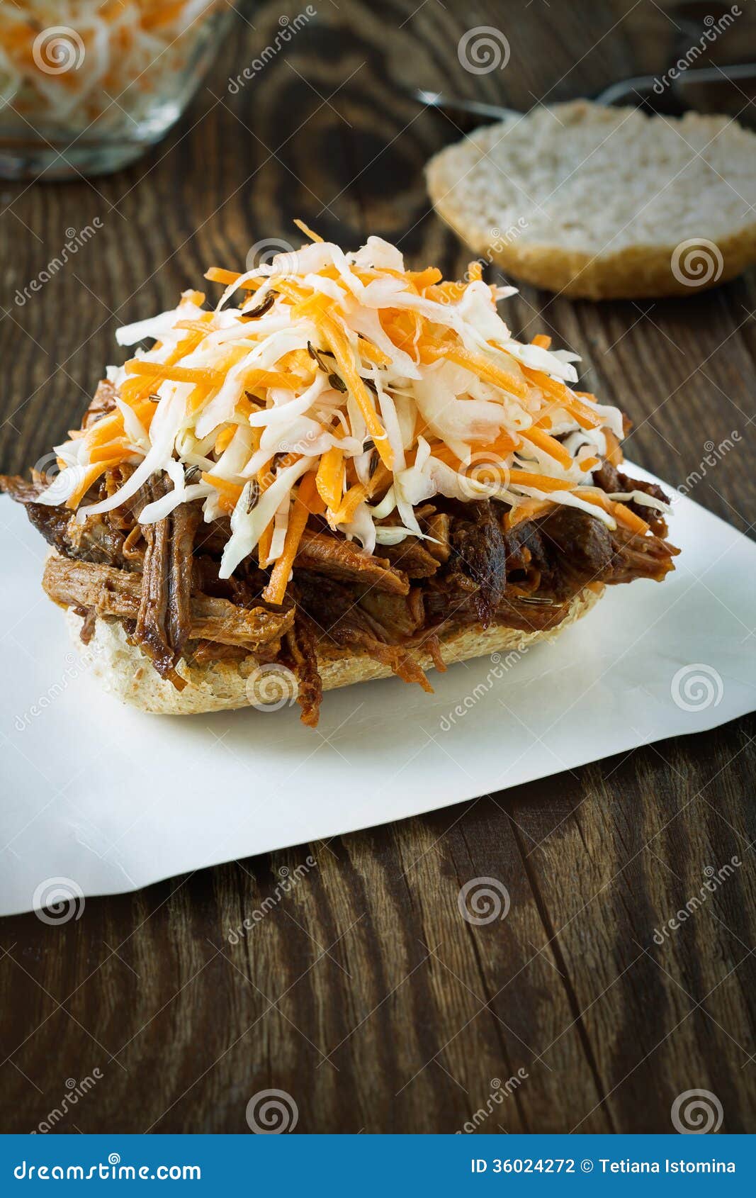 Pulled Pork Barbecue Sandwich with Cole Slaw Stock Photo - Image of ...