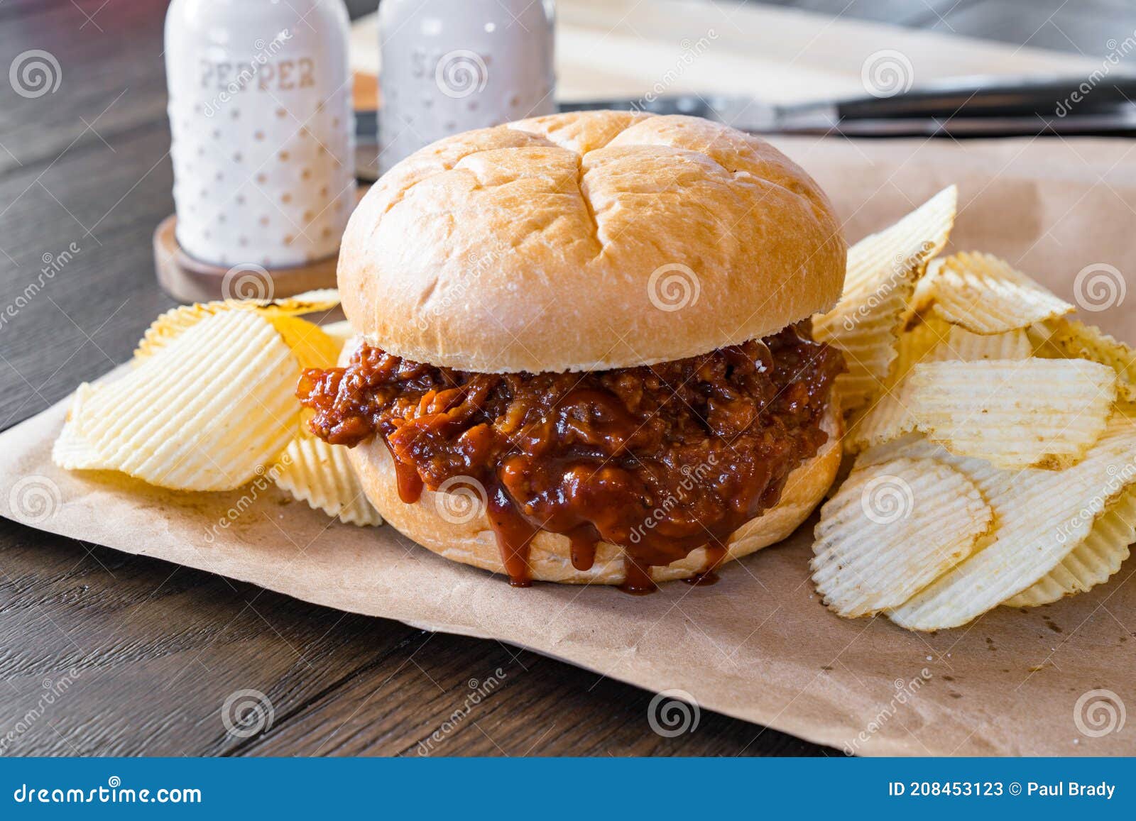 Pulled Pork Barbecue Sandwich with Potato Chips Stock Image Image of barbeque, pulledpork
