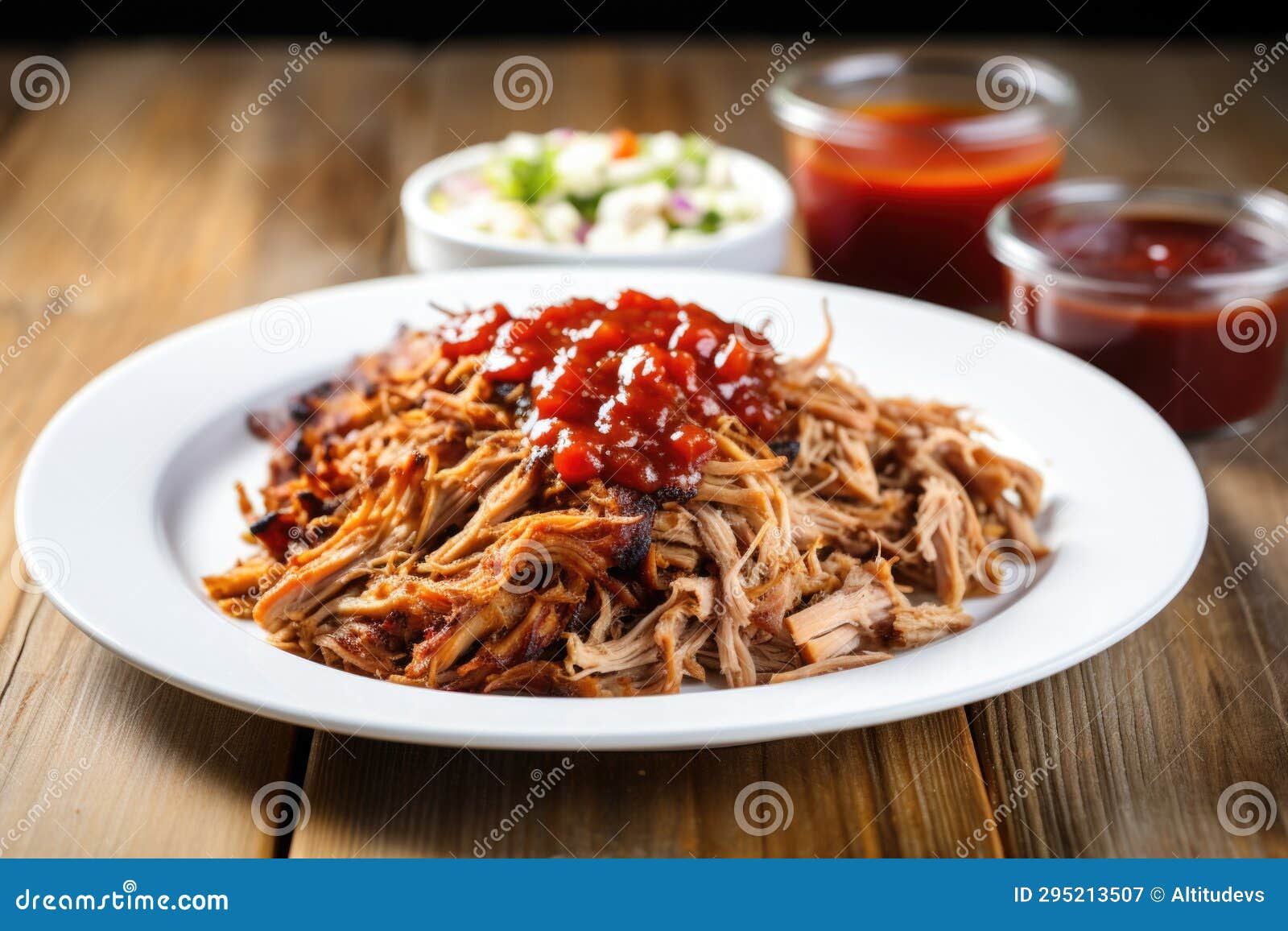 Pulled Pork on a White Dish with Bbq Sauce on the Side Stock Image