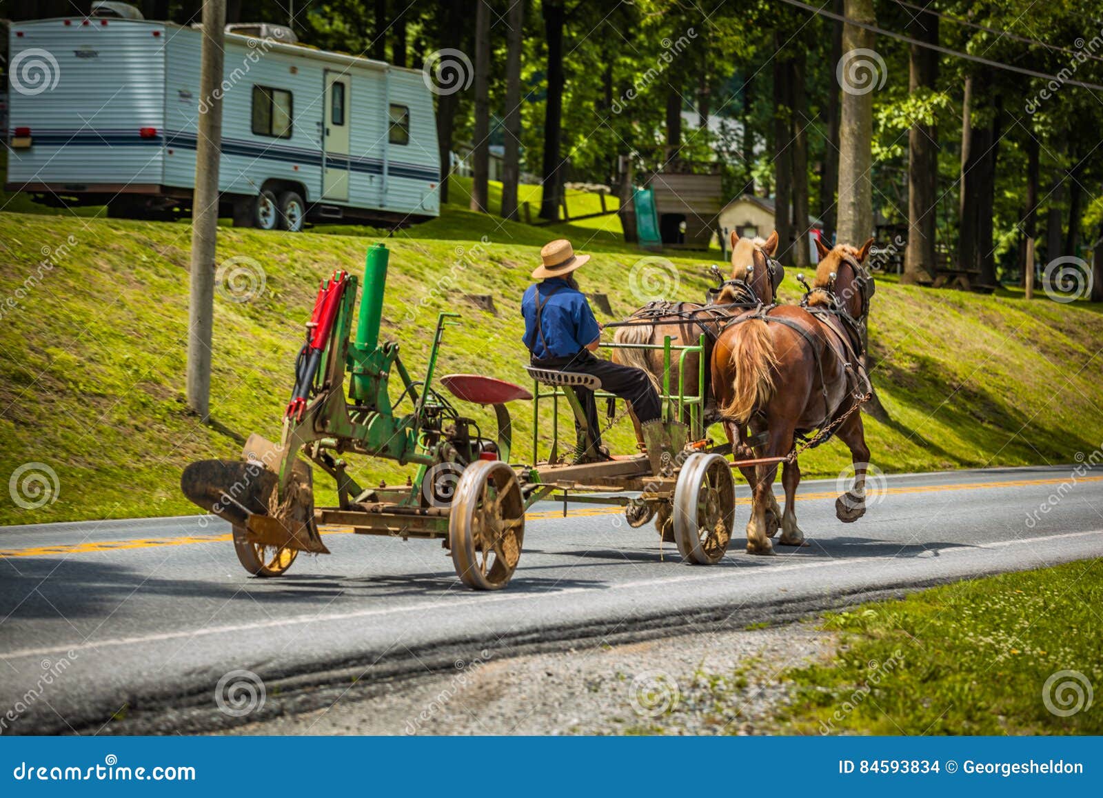 Pulling Plow on Road with Horses Editorial Stock Image Image of