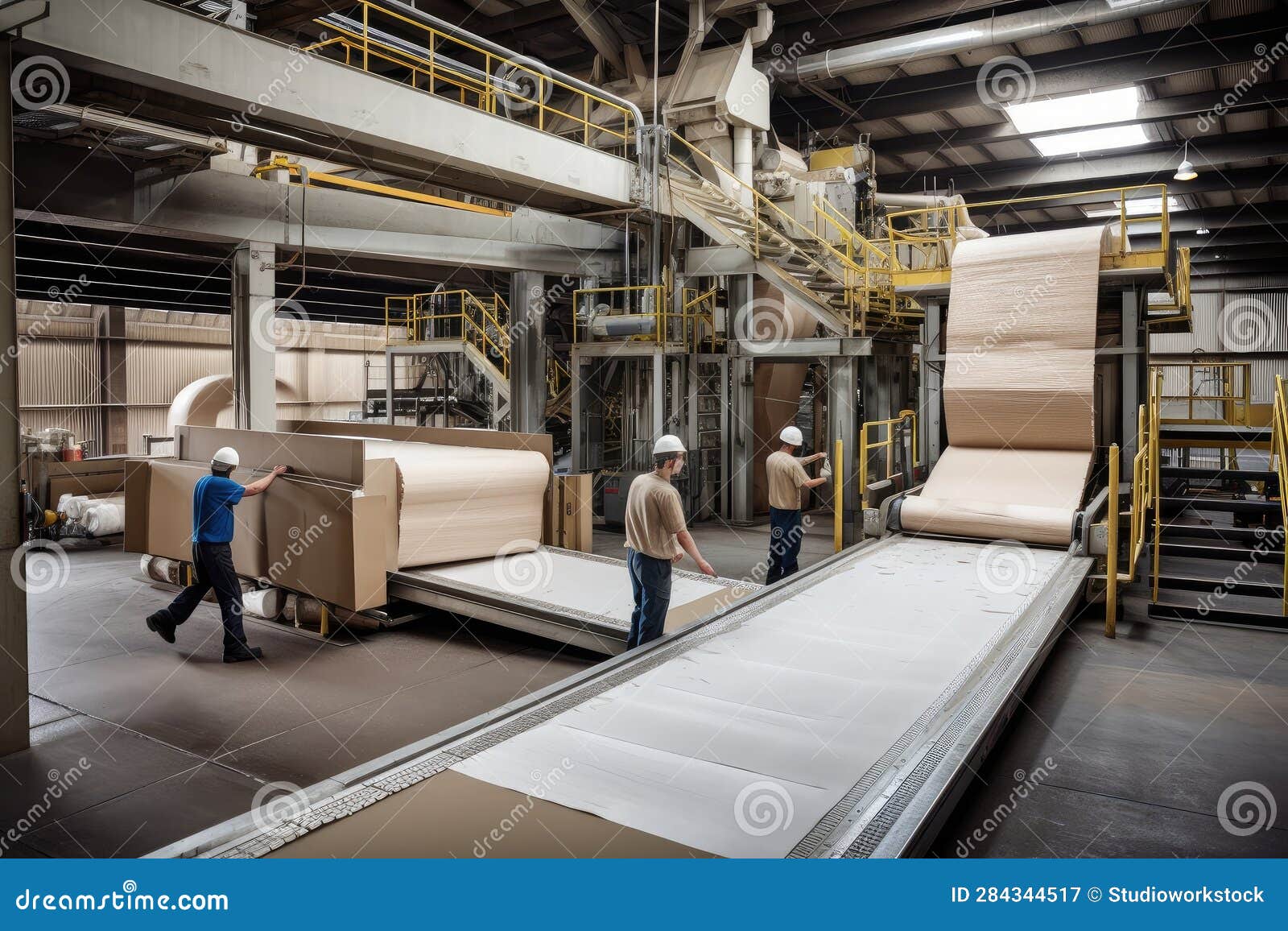 Pulp and Paper Processing Plant, with Workers Loading Carts with