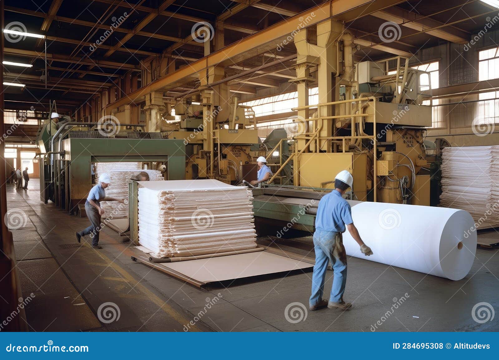 Pulp and Paper Processing Plant, with Workers Loading Carts with