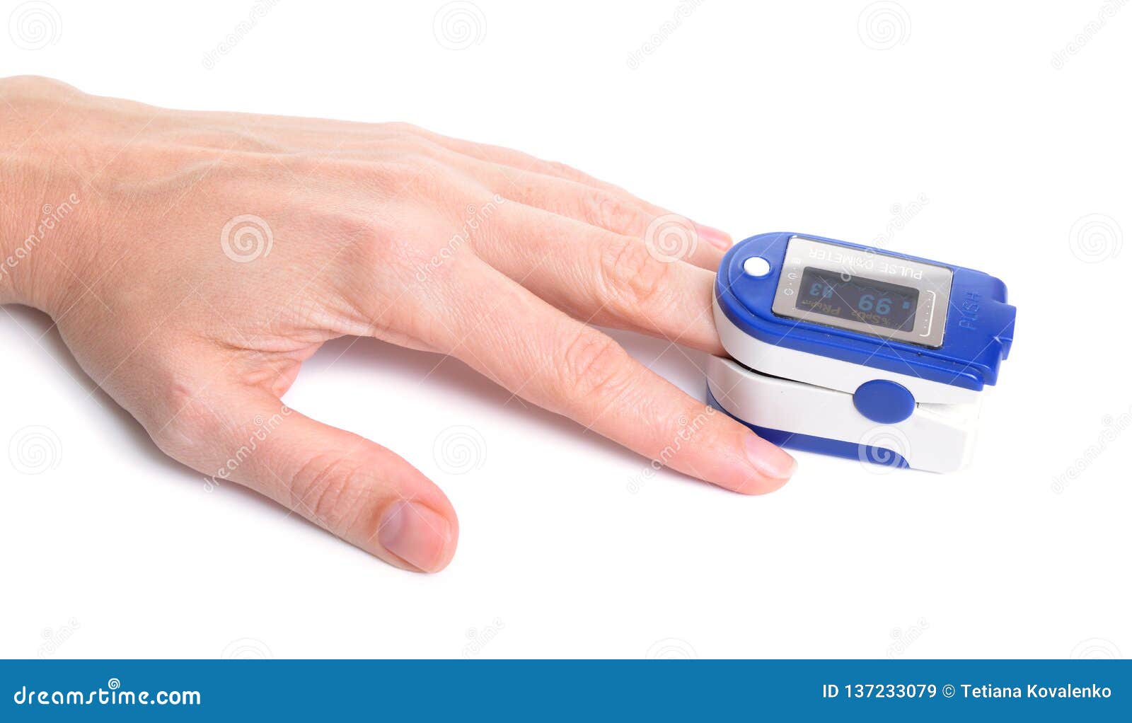 pulse oximeter with hand of patient  on white background