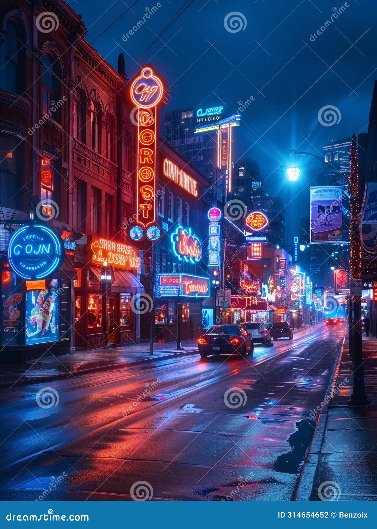 pulsing neon lights of downtown nightlife and entertainment district