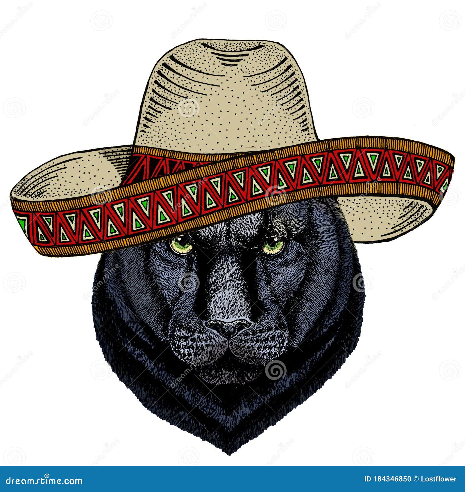 Puma De Pantera Negra. Sombrero Mexicano. Cabeza De Animal. Retrato De Gato  Salvaje. Ilustración del Vector - Ilustración de enojado, ataque: 184346850