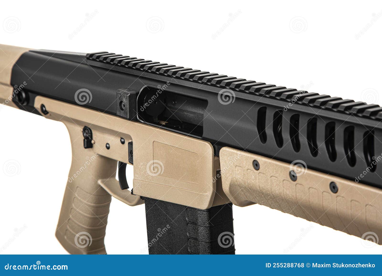 pump-action 12 gauge shotgun  on a white back. a smooth-bore weapon with a plastic stock