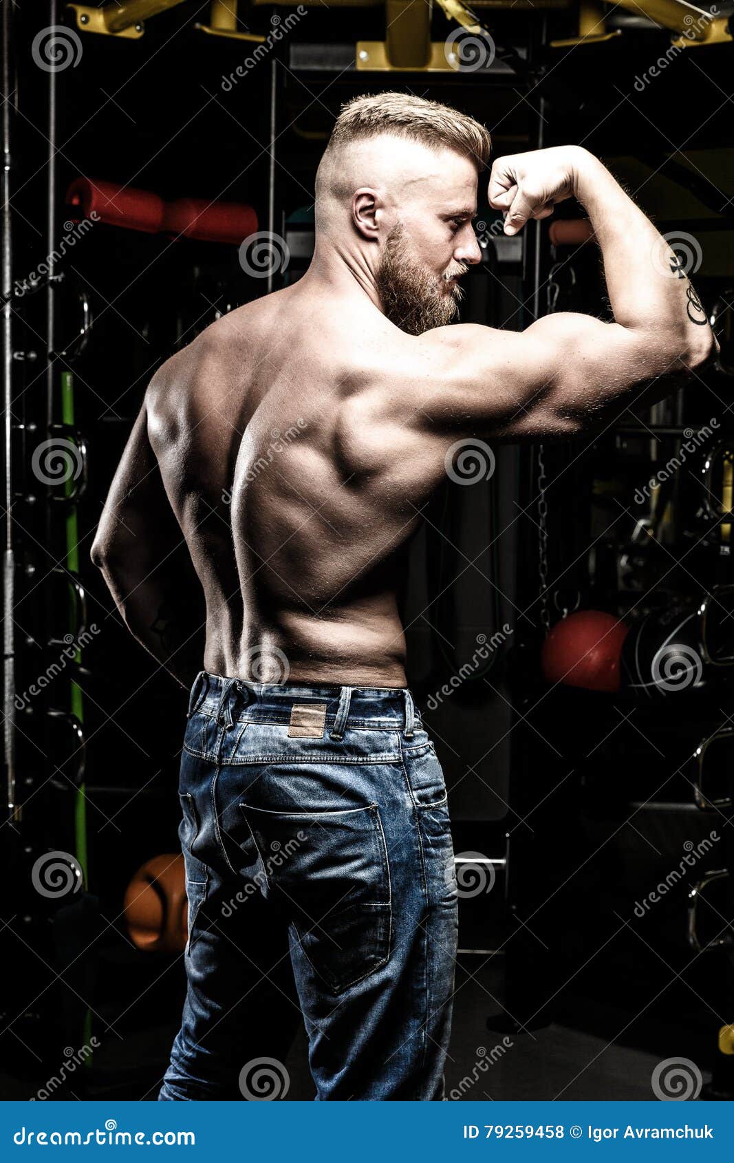 Pumped Shirtless Man in Jeans at the Gym Stock Photo Image of male