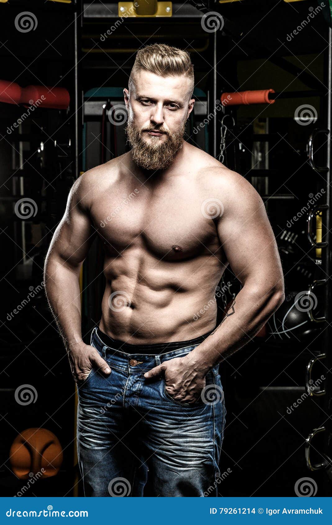 Pumped Shirtless Man in Jeans at the Gym Stock Photo Image of male