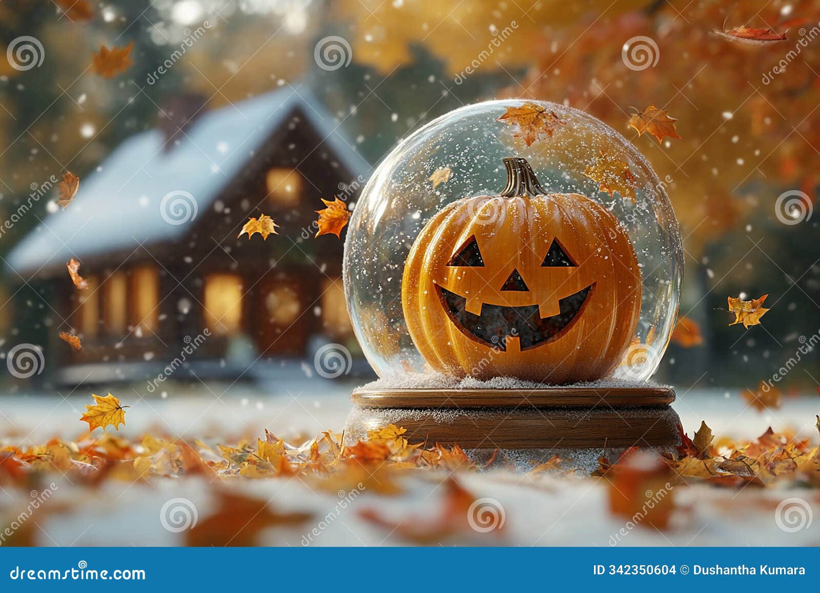 pumpkin with a happy face inside a snow globe