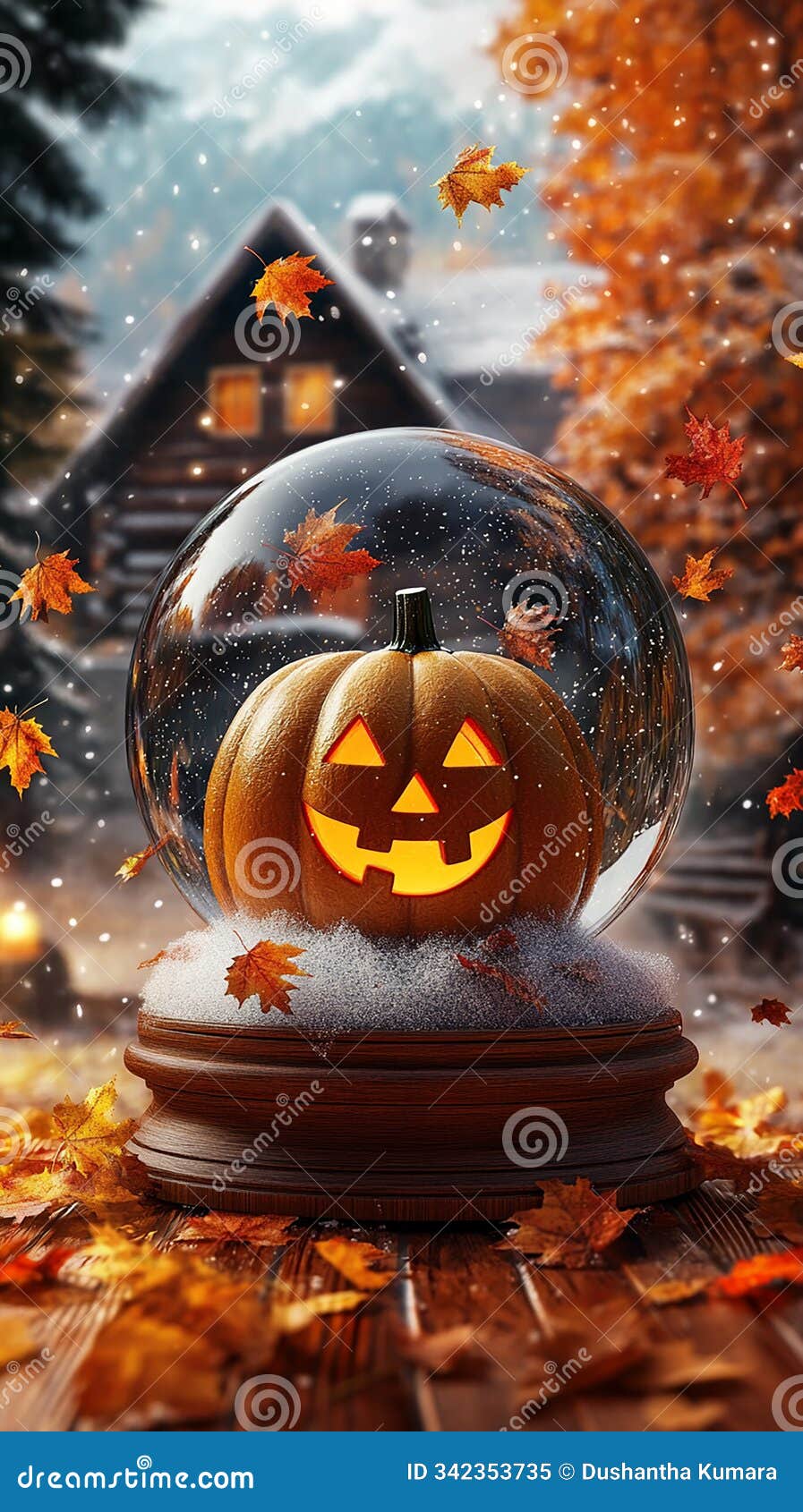 pumpkin with a happy face inside a snow globe