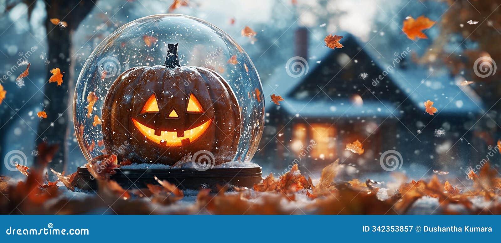 pumpkin with a happy face inside a snow globe