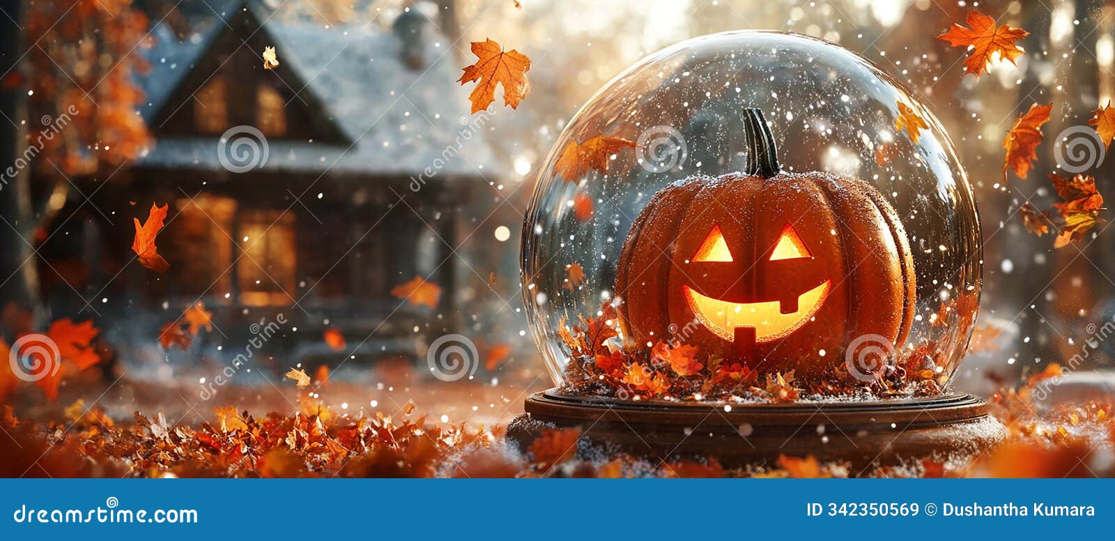 pumpkin with a happy face inside a snow globe