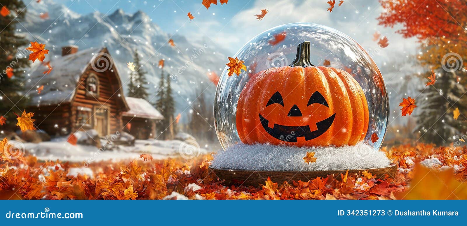 pumpkin with a happy face inside a snow globe