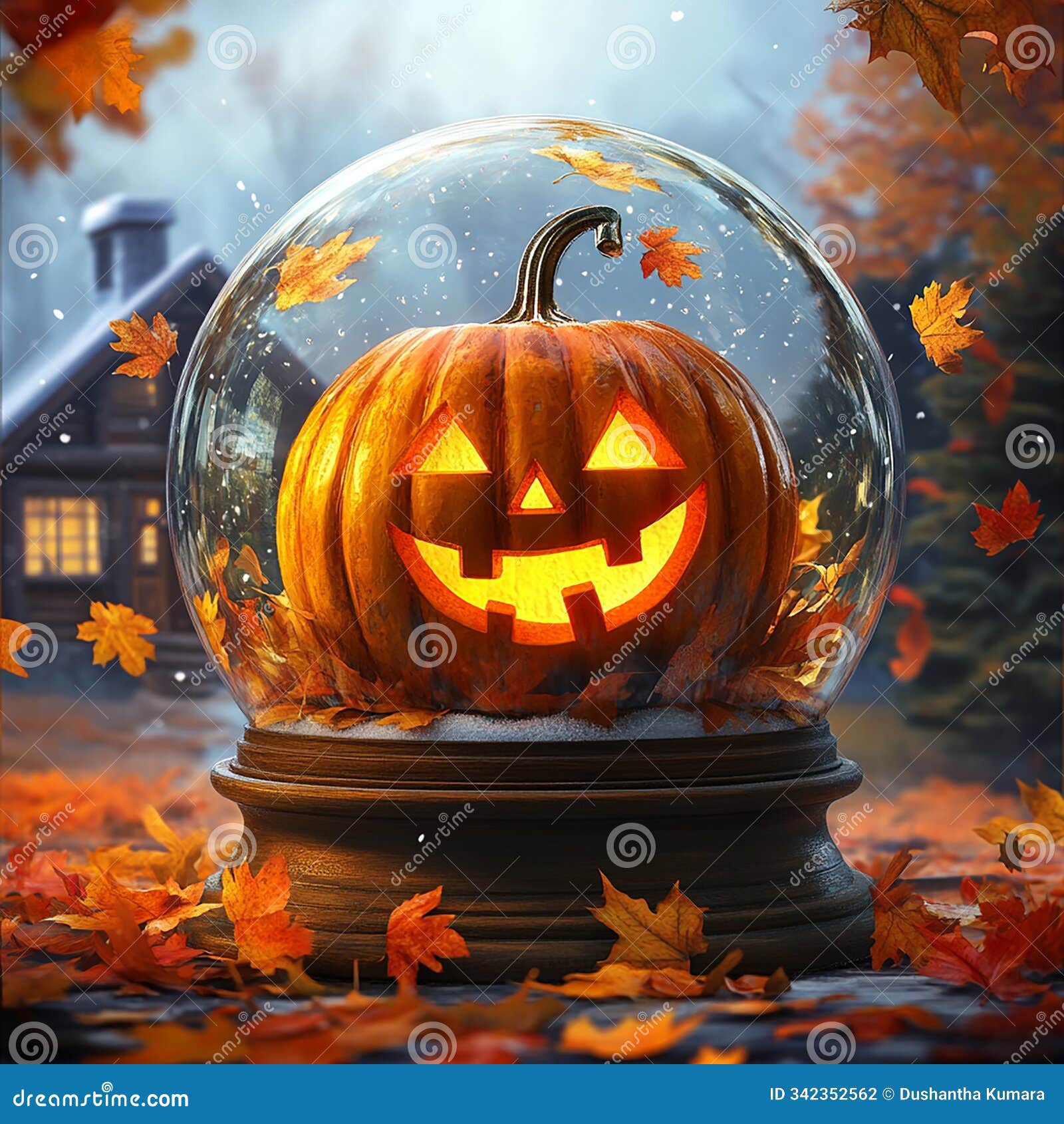 pumpkin with a happy face inside a snow globe
