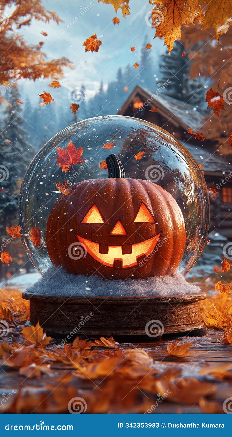 pumpkin with a happy face inside a snow globe