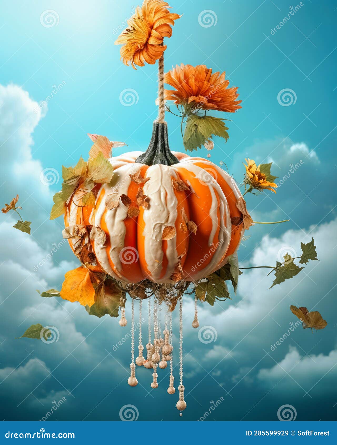 pumpkin that has flower on it is dangling off a colorful sky. style of meticulous photorealistic still lifes and grocery art