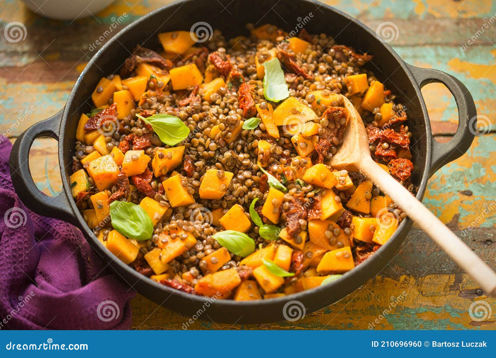 Pumpkin with Lentils, Sun Dried Tomatoes and Basil Stock Photo Image