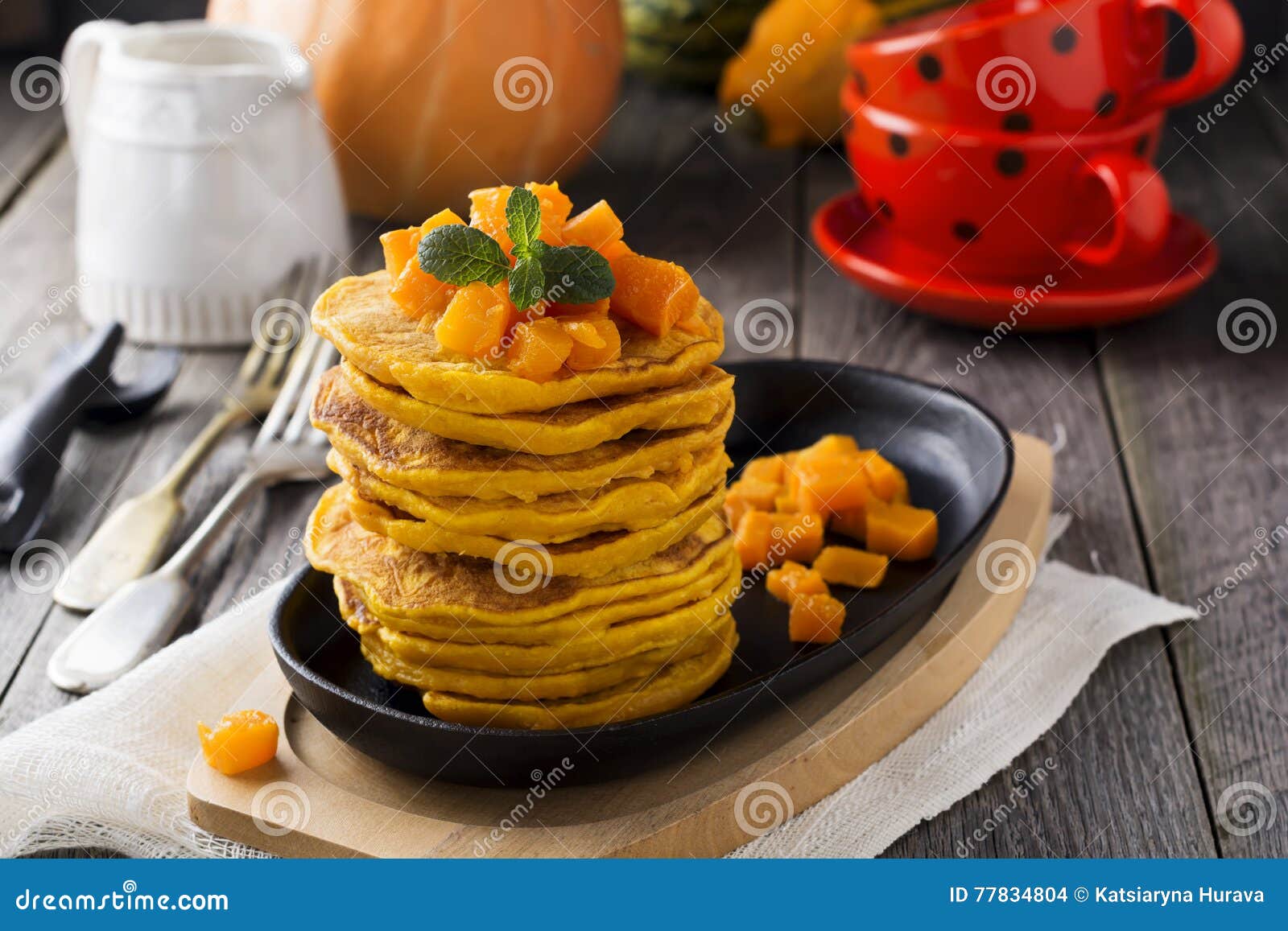 Pumpkin Pancakes with Mint Leaves and Sauce on the Old Wooden ...