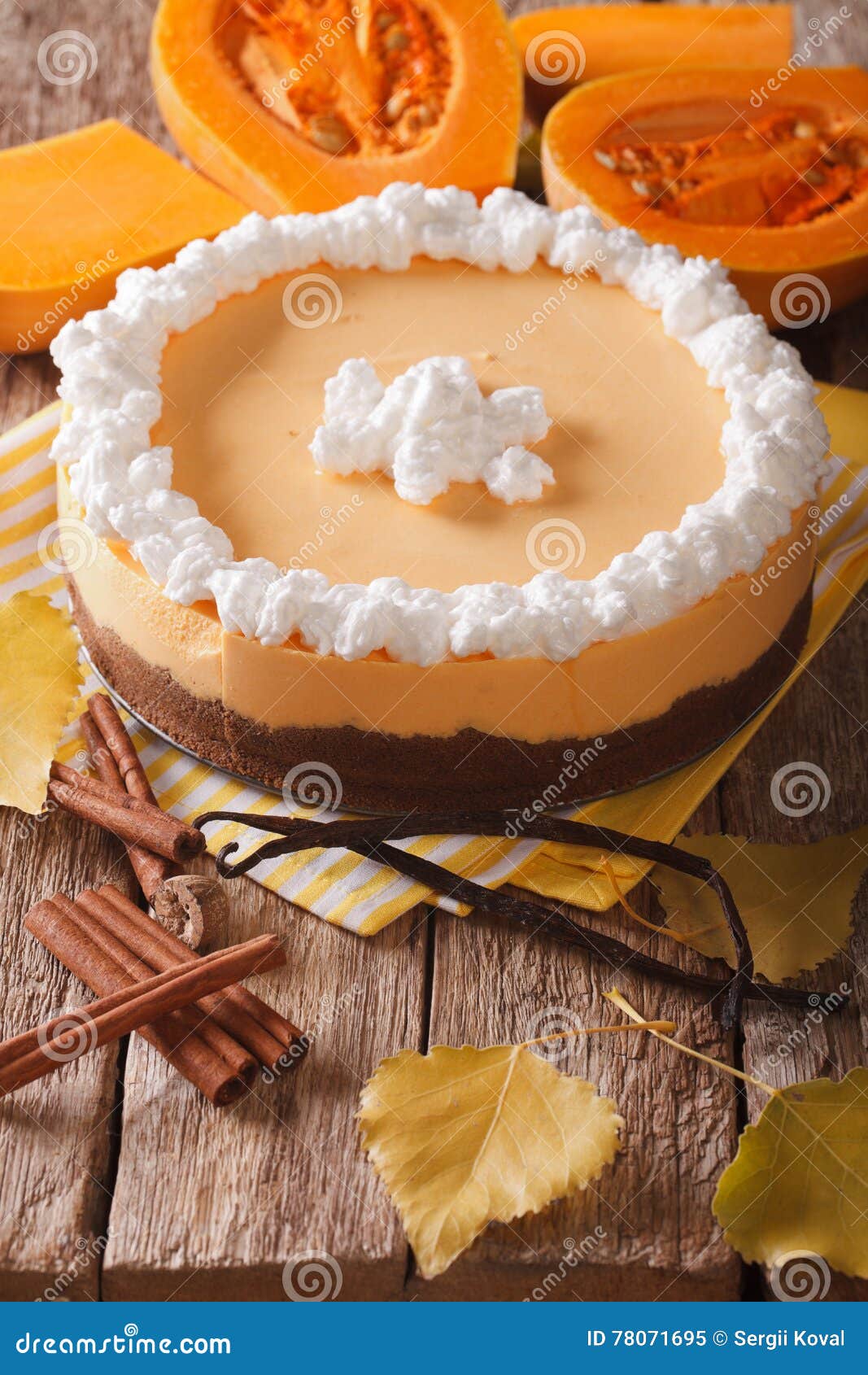 Pumpkin Pie with Cinnamon, Vanilla and Whipped Cream Closeup. V Stock Image Image of leaf