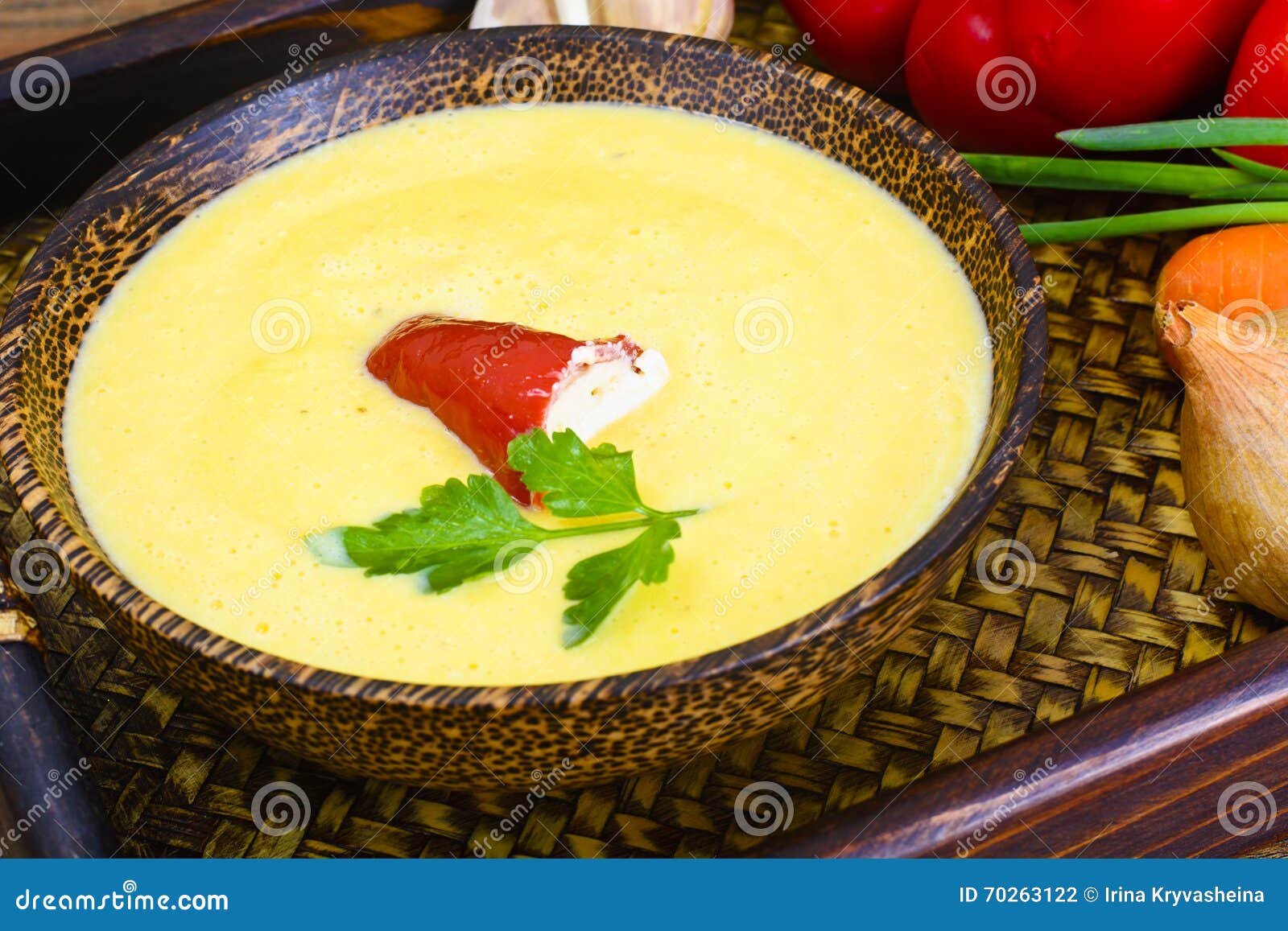 Pumpkin-Potato Puree Cream Soup with Roasted Bell Pepper and Goa Stock ...