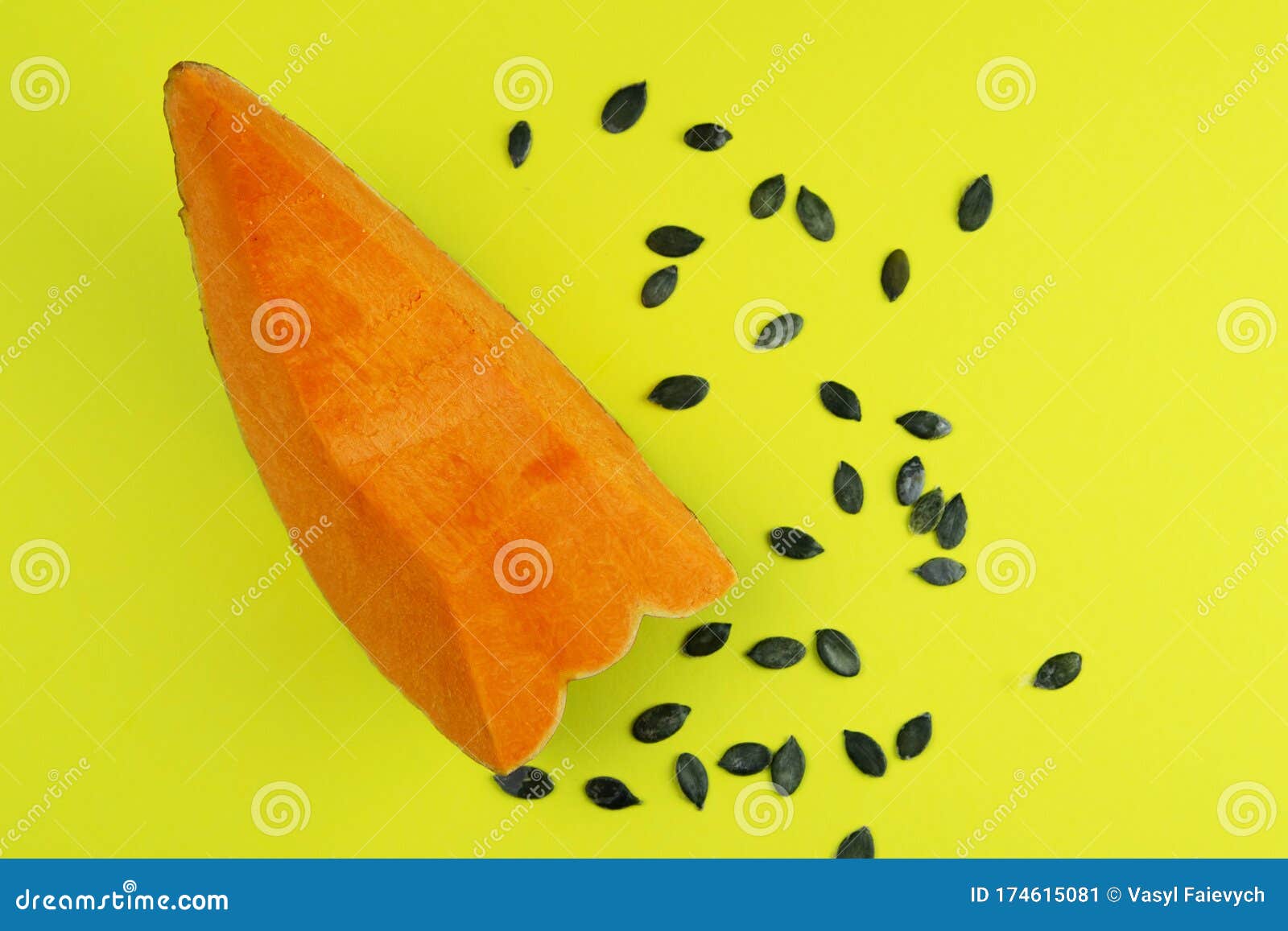 Pumpkin and Pumpkin Seeds on a Yellow Background Stock Image Image of