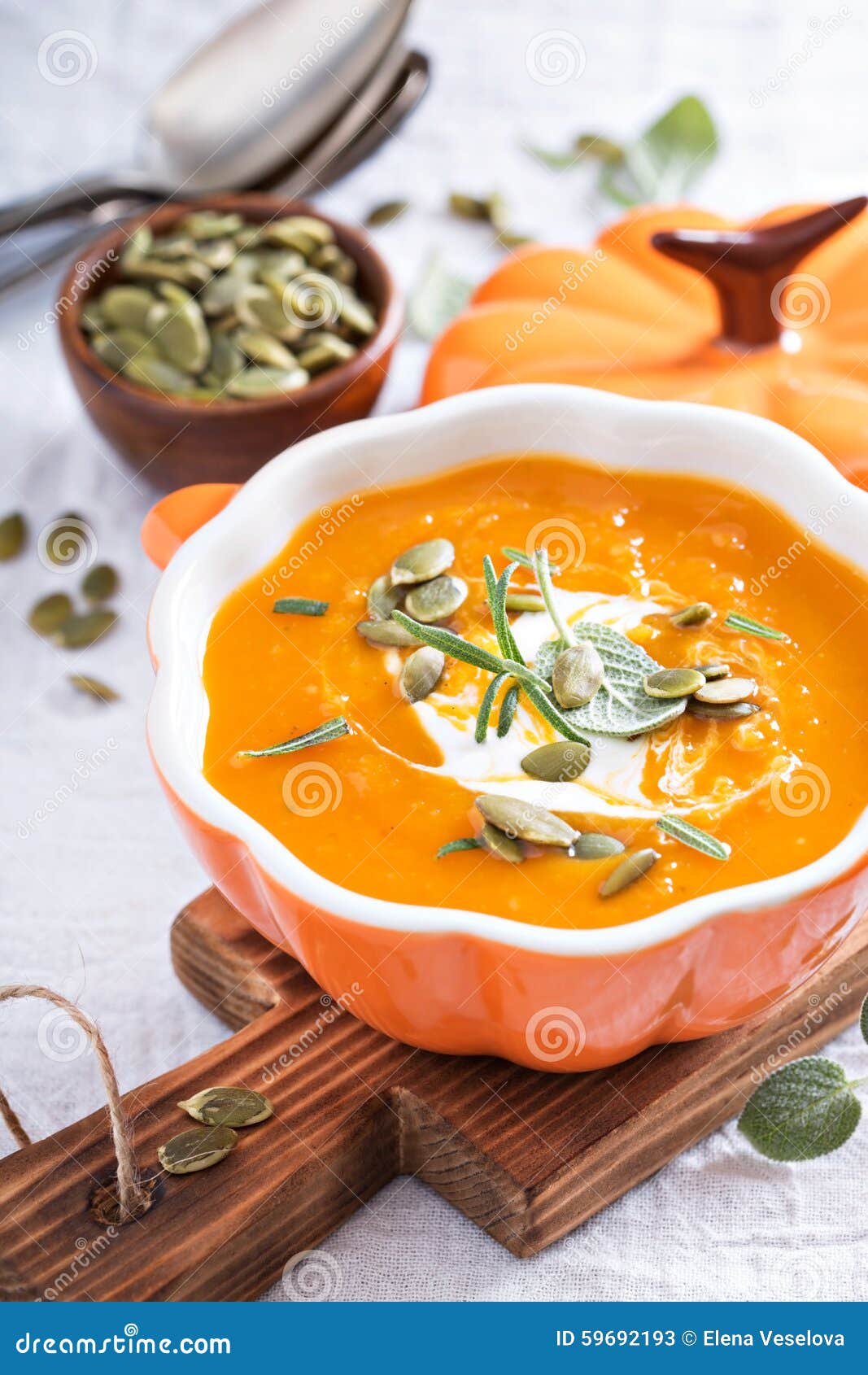 Pumpkin Soup with Cream, Herbs and Seeds Stock Image Image of bread, lunch 59692193