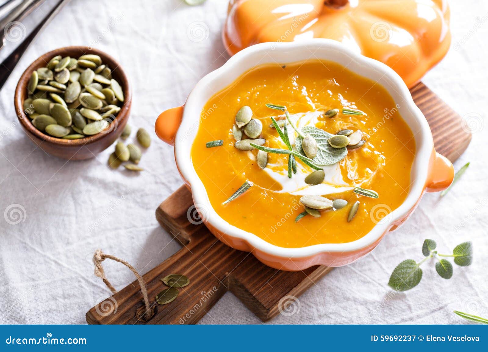Pumpkin Soup with Cream, Herbs and Seeds Stock Image Image of bowl, healthy 59692237