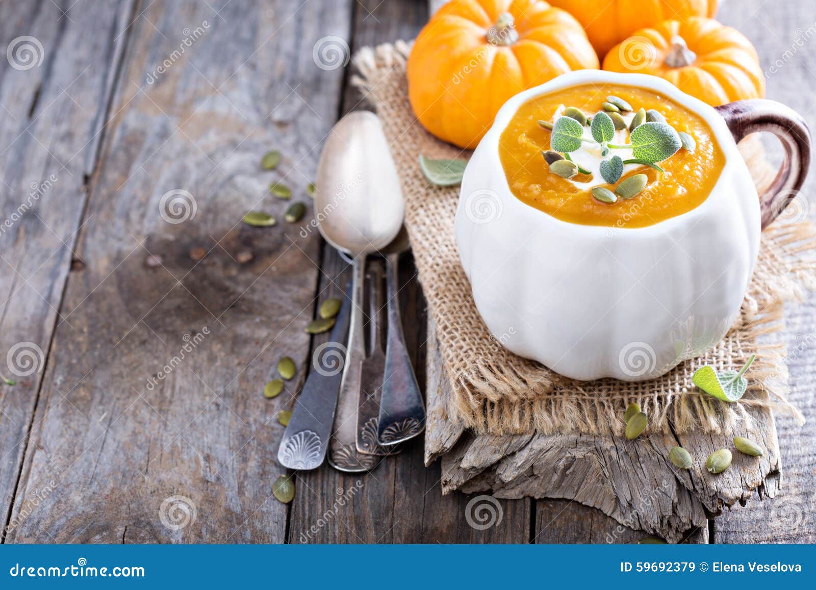 Pumpkin Soup with Cream, Herbs and Seeds Stock Image Image of butternut, herbs 59692379