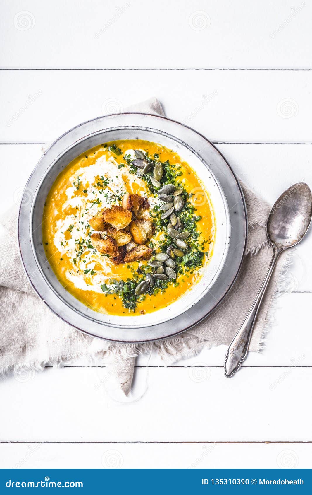 Pumpkin Soup with Cream,herbs and Seeds Stock Photo Image of ingredients, croutons 135310390