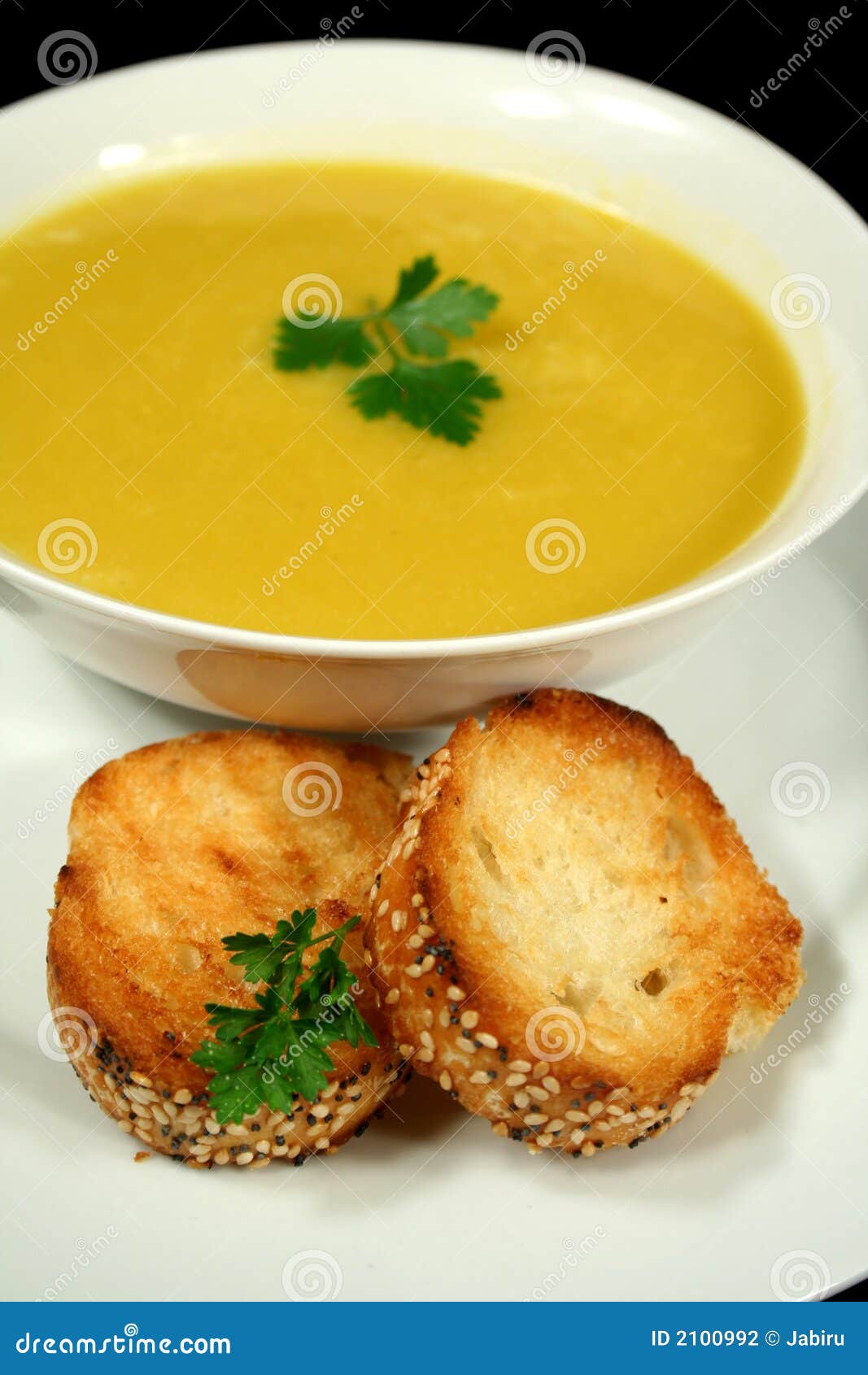 Pumpkin Soup With Garlic Bread Stock Photo - Image: 2100992