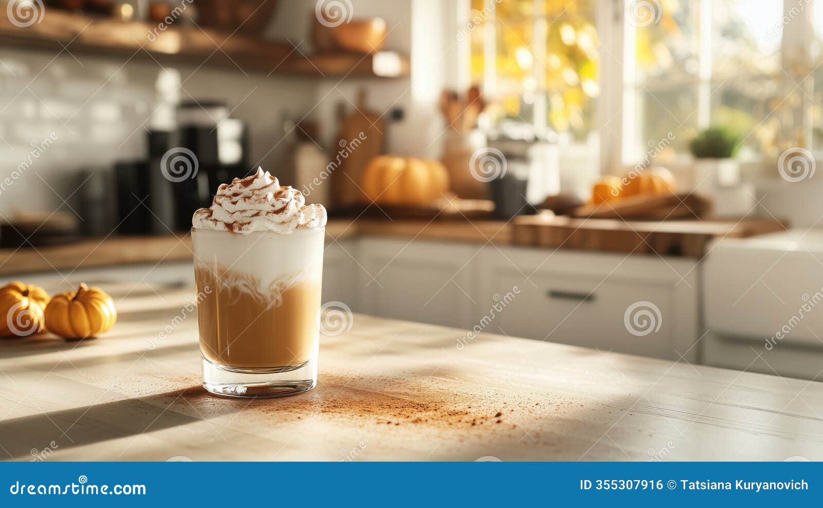 pumpkin spice latte topped with whipped cream, cozy kitchen setting, autumn decor