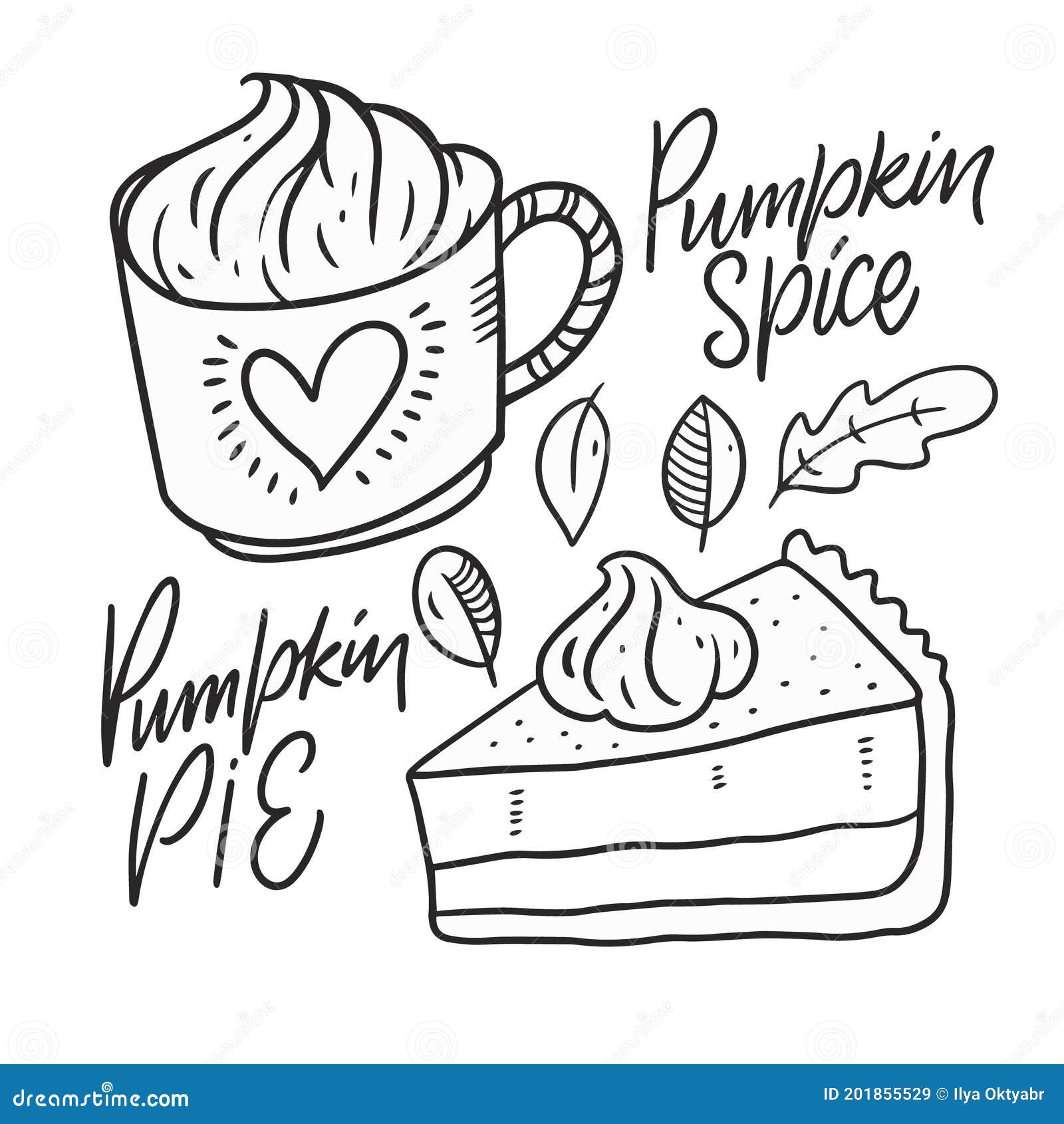 Pumpkin Spice and Pumpkin Pie. Line Art Black Color. Stock Vector