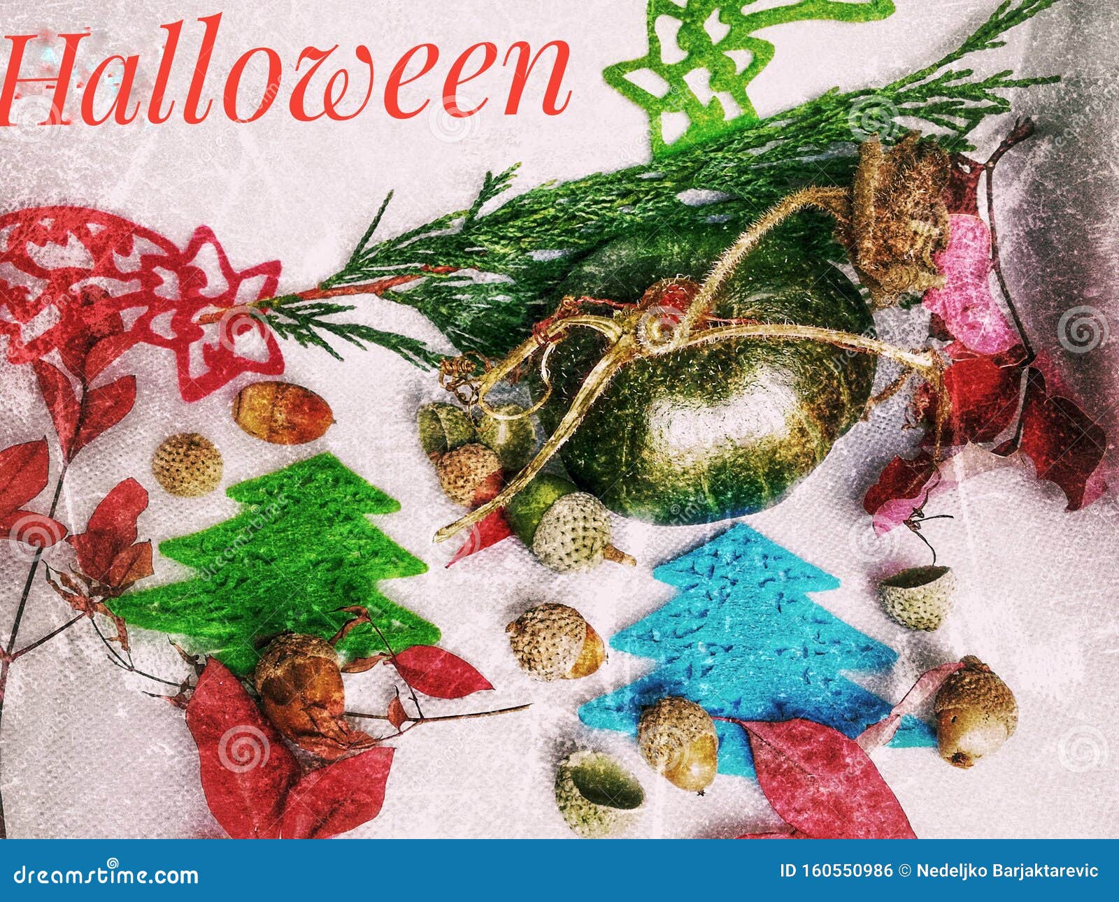 a pumpkin between the trees of the fir-tree of the falling stars oak leaves and twigs of spruce and oak on snow and ice as a congr