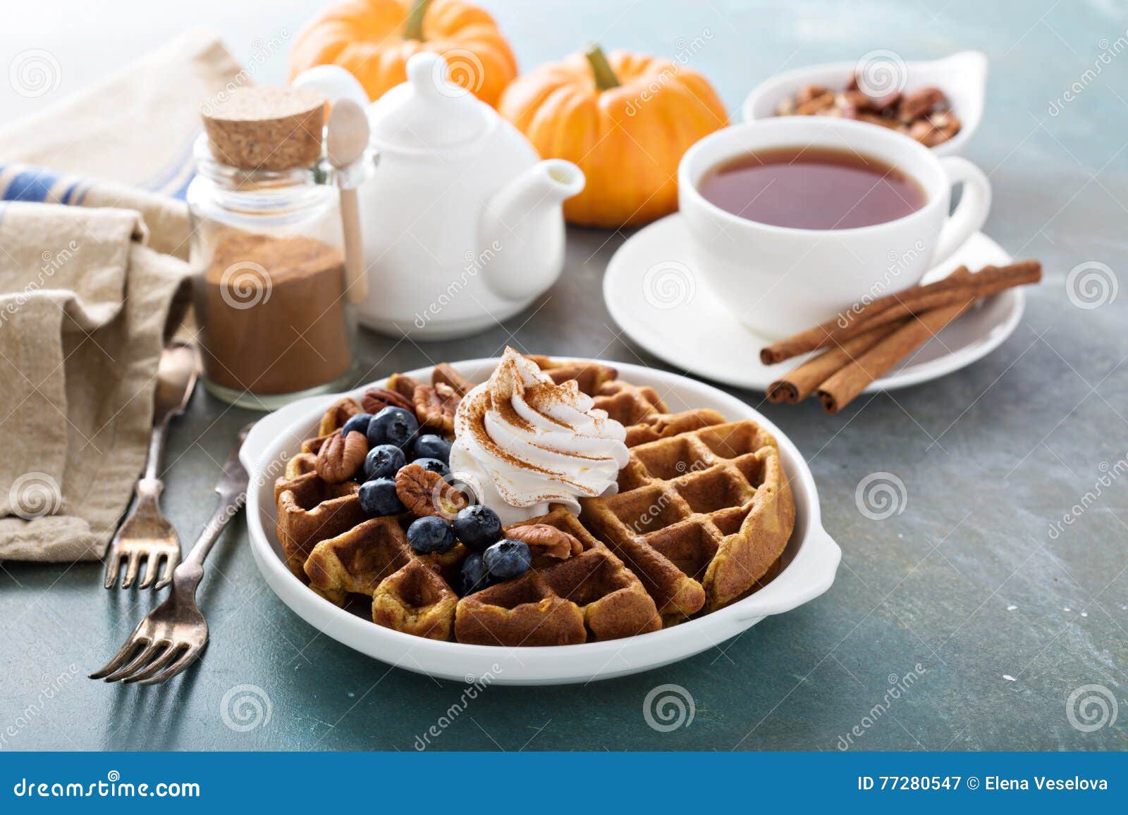 Pumpkin Waffles with Whipped Cream for Breakfast Stock Image Image of