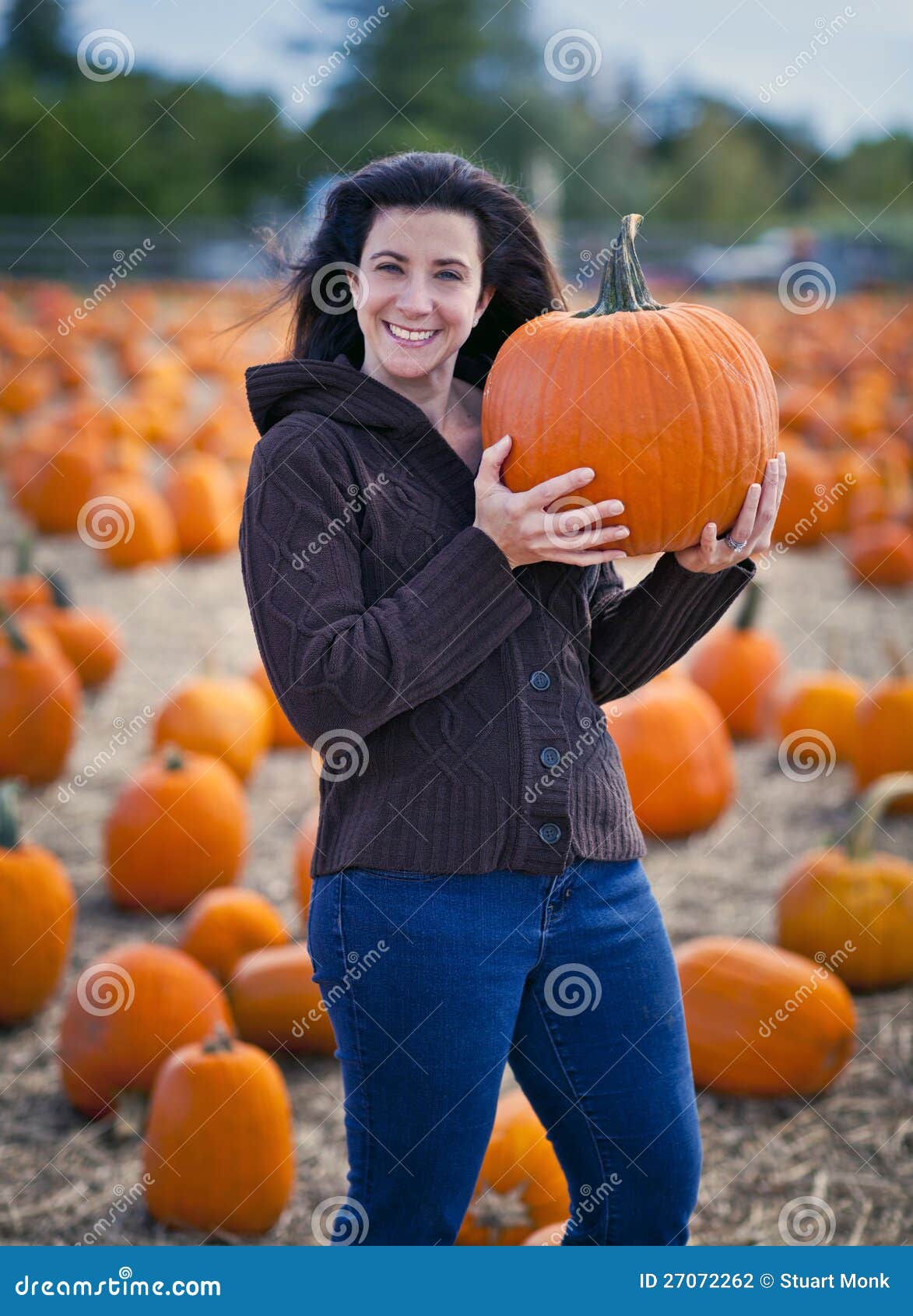 Pumpkins. Woman at pumpkin patch selecting a pumpkin