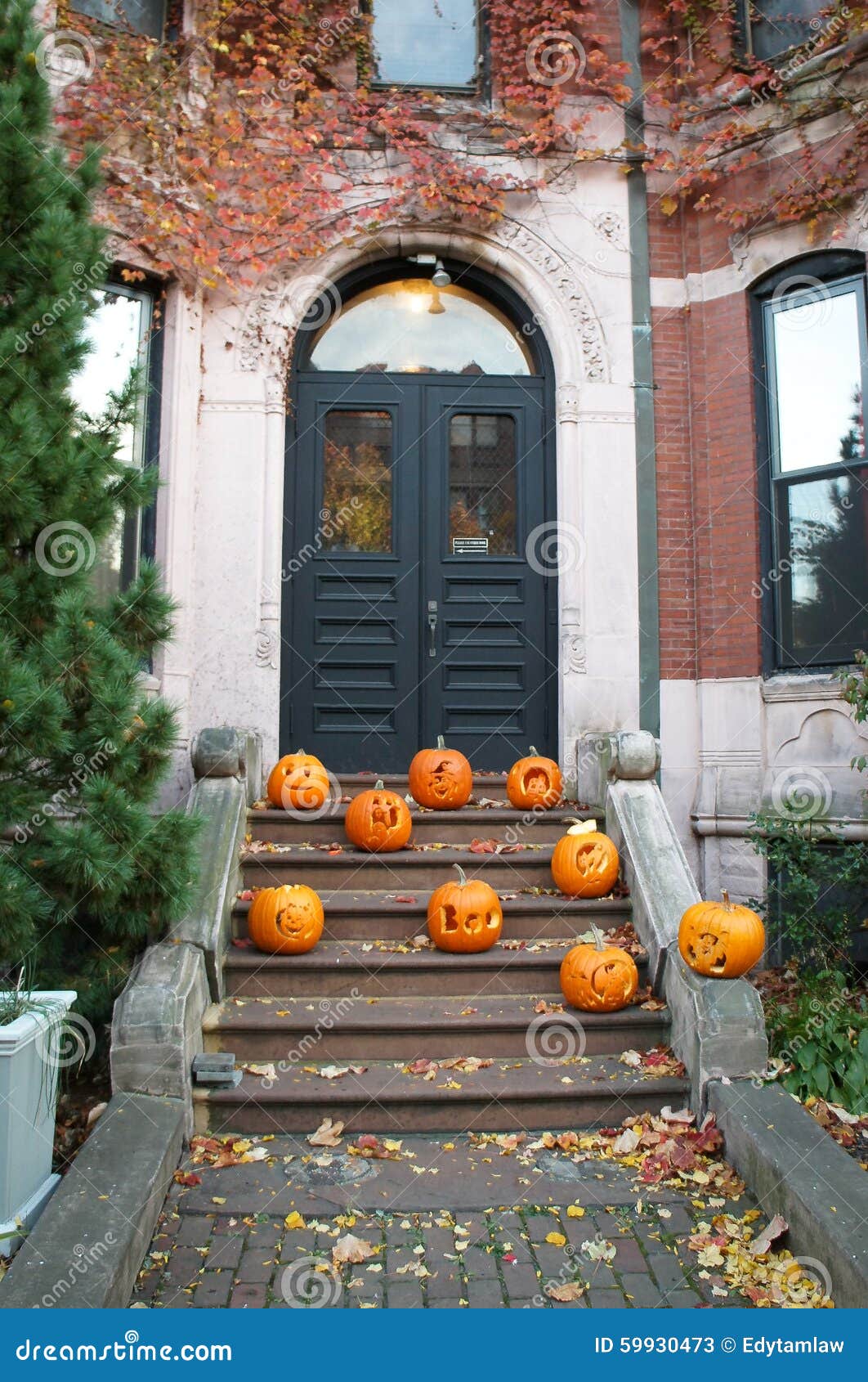 Pumpkins in Front of a House in the Fall Stock Image - Image of leaves ...