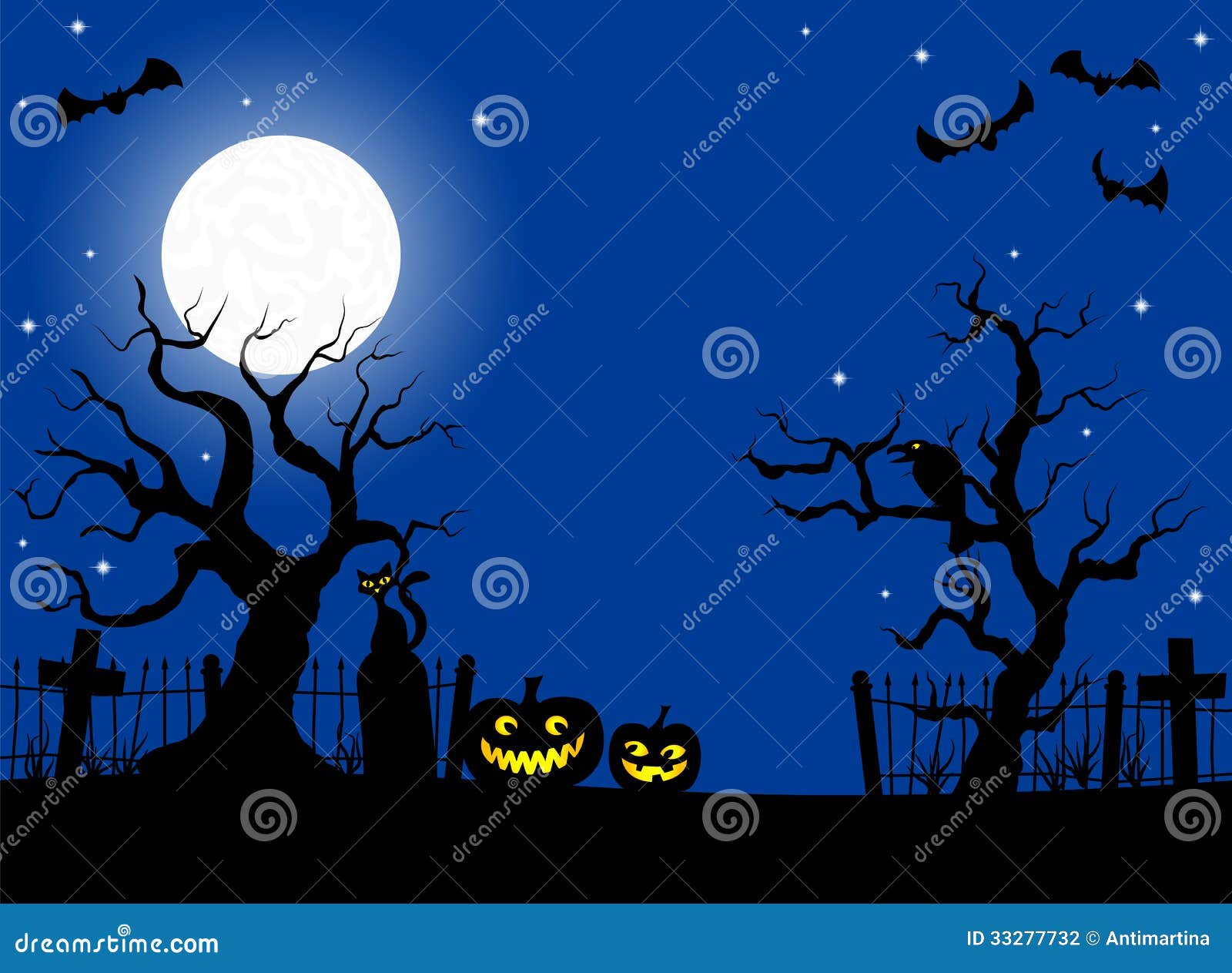 Pumpkins in a Full Moon Night at Cemetery Stock Vector - Illustration ...